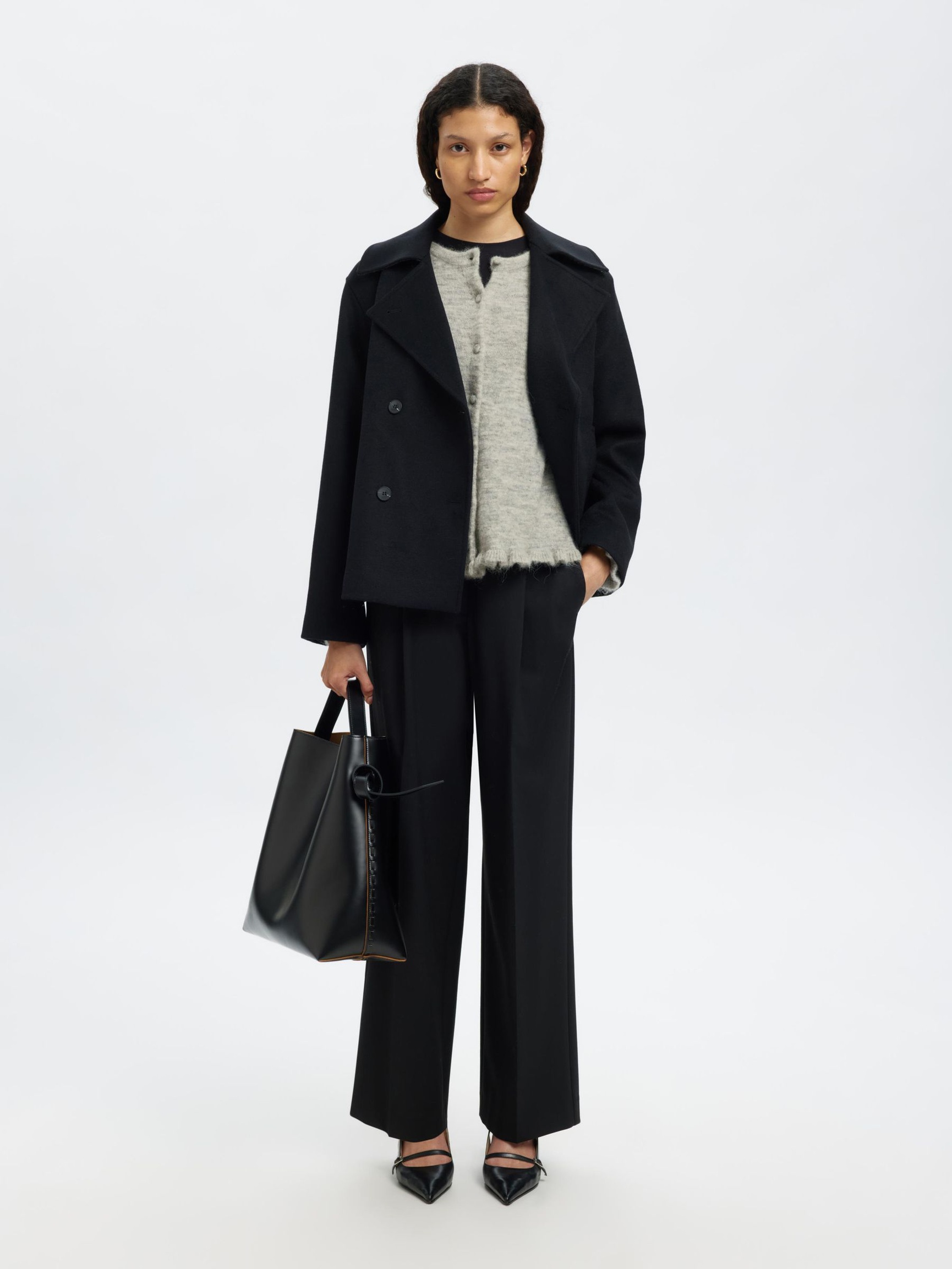 WOOL BLEND KNITTED CARDIGAN, Light Grey Melange, highres