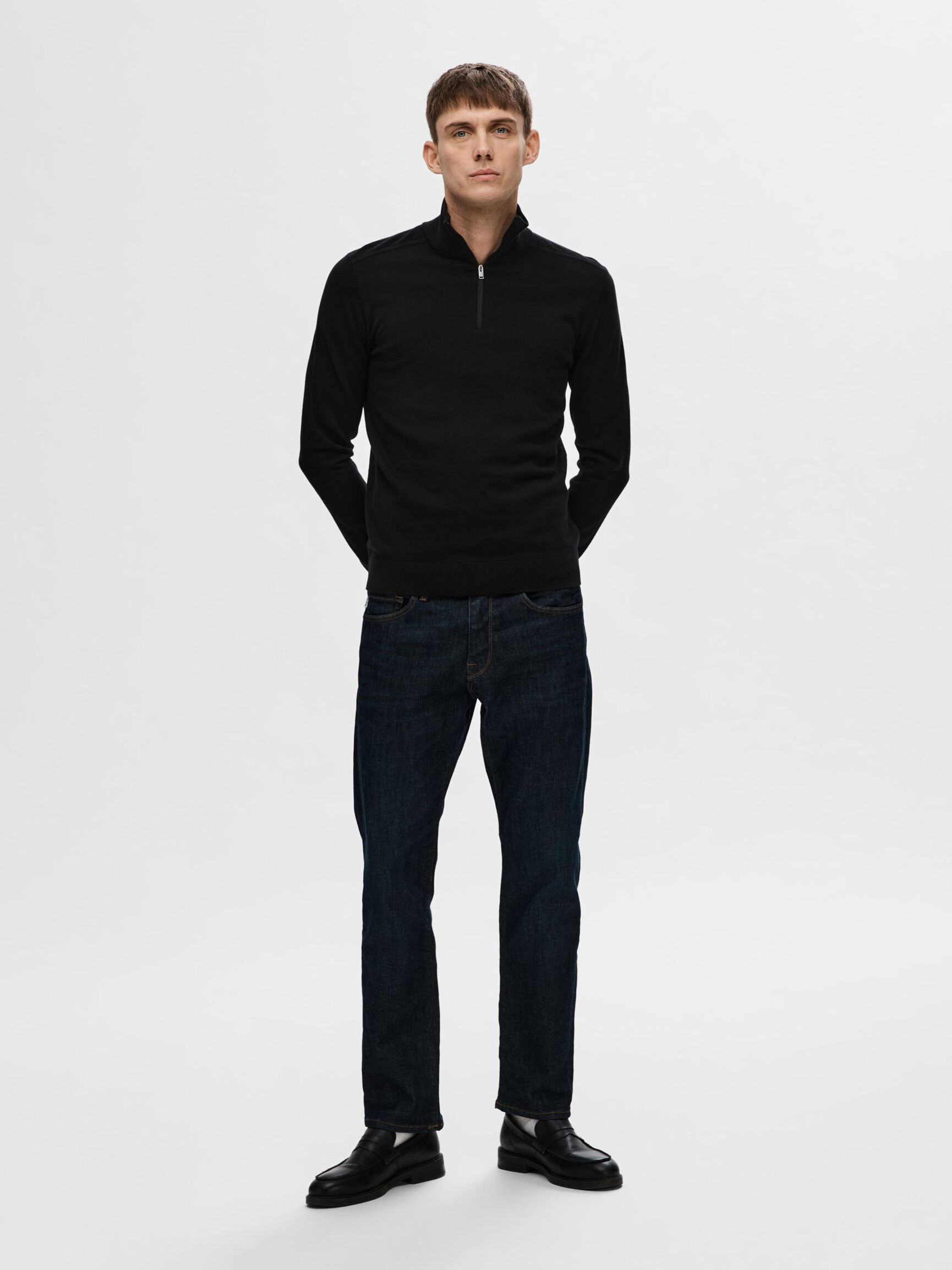 HALF-ZIP STRICKPULLOVER, Black, highres