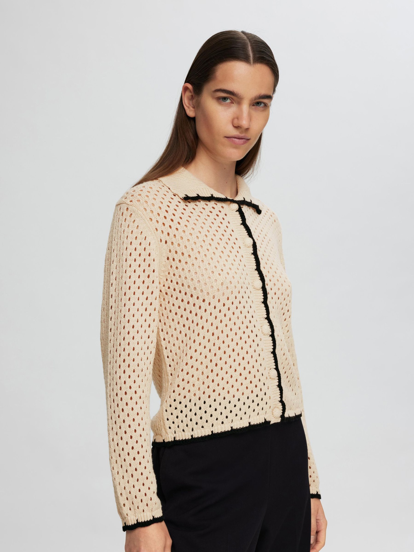 LANGÆRMET STRIKKET CARDIGAN, Birch, highres