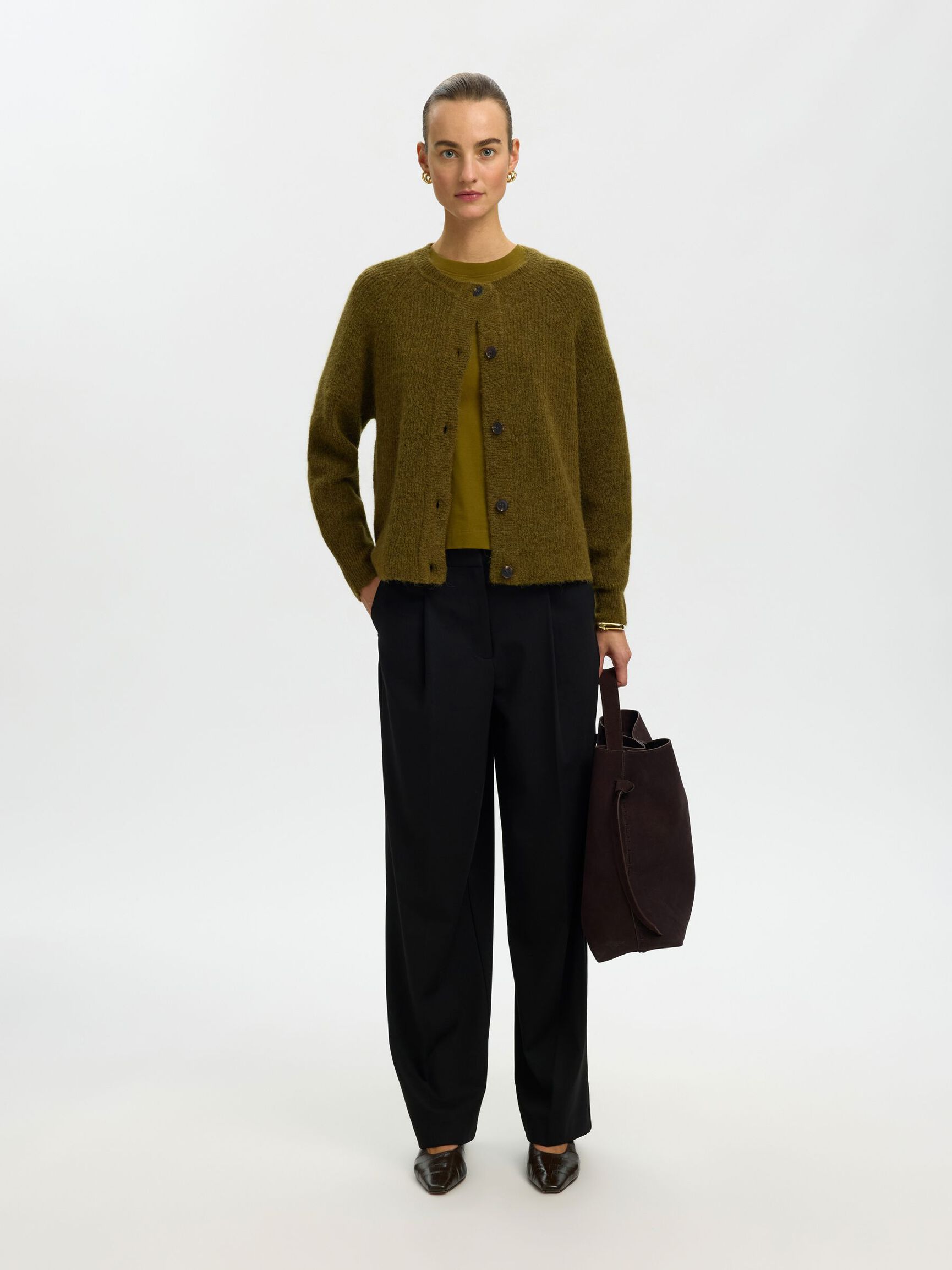 WOOL BLEND CARDIGAN, Fir Green, highres