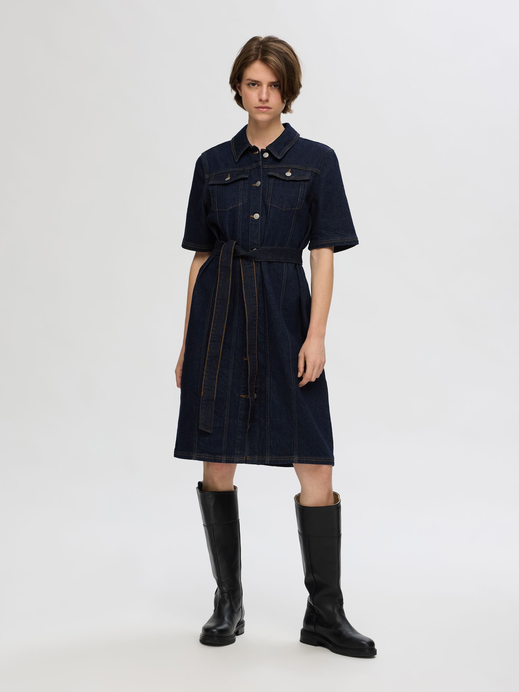 SHORT SLEEVED DENIM DRESS, Dark Blue Denim, highres