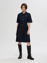SHORT SLEEVED DENIM DRESS, Dark Blue Denim, highres