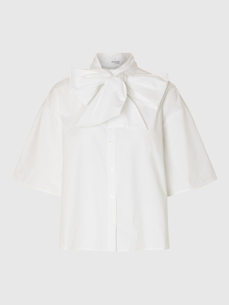 Selected COTTON BOW SHORT SLEEVED SHIRT, Bright White, highres - 16098128_BrightWhite_001.jpg