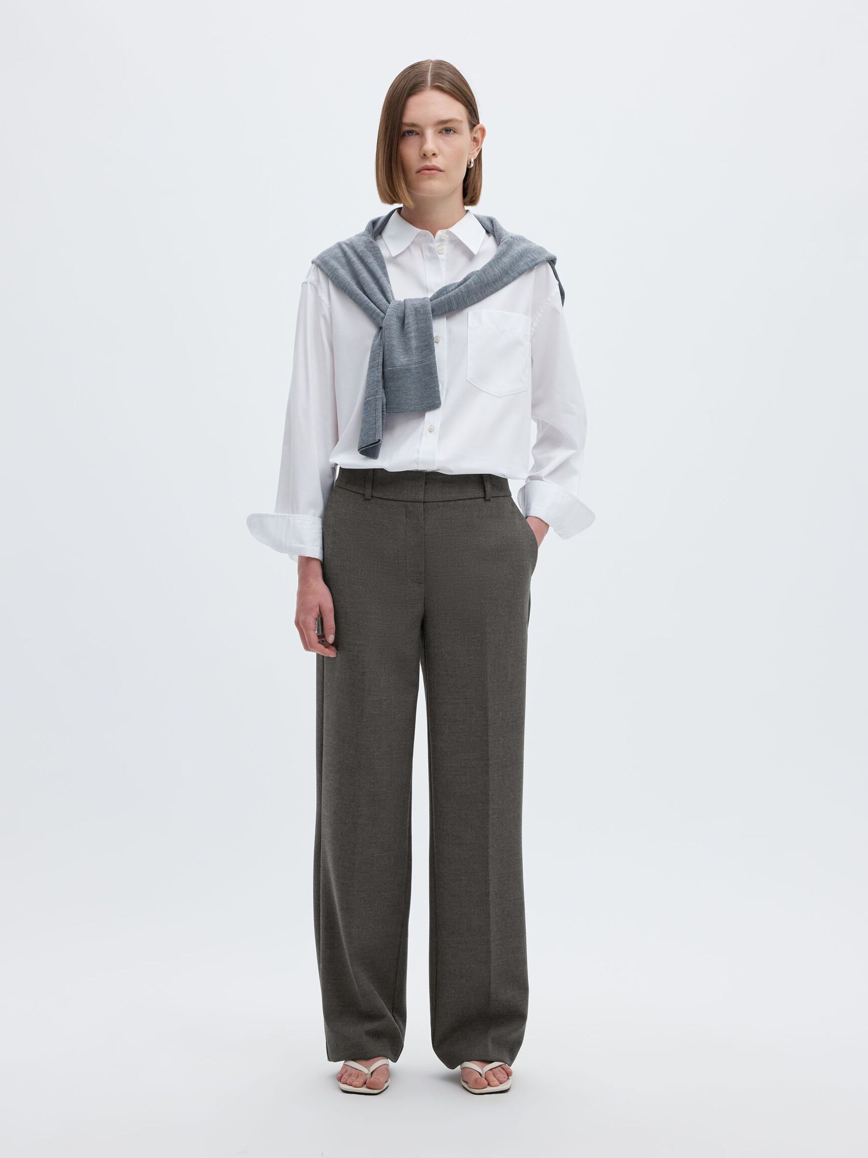 VISCOSE BLEND WIDE-LEG TROUSERS, Dark Grey Melange, highres