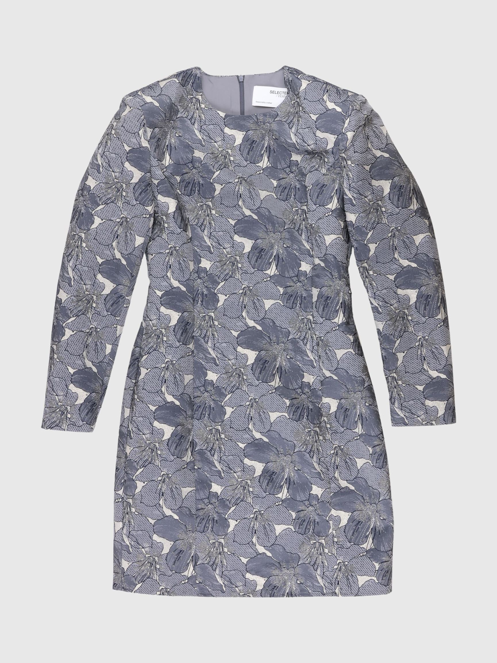 STRUCTURED FLORAL MINI DRESS, Silver, highres