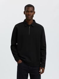 CÔTELÉ AVEC DEMI-FERMETURE ÉCLAIR POLO À MANCHES LONGUES, Black, highres