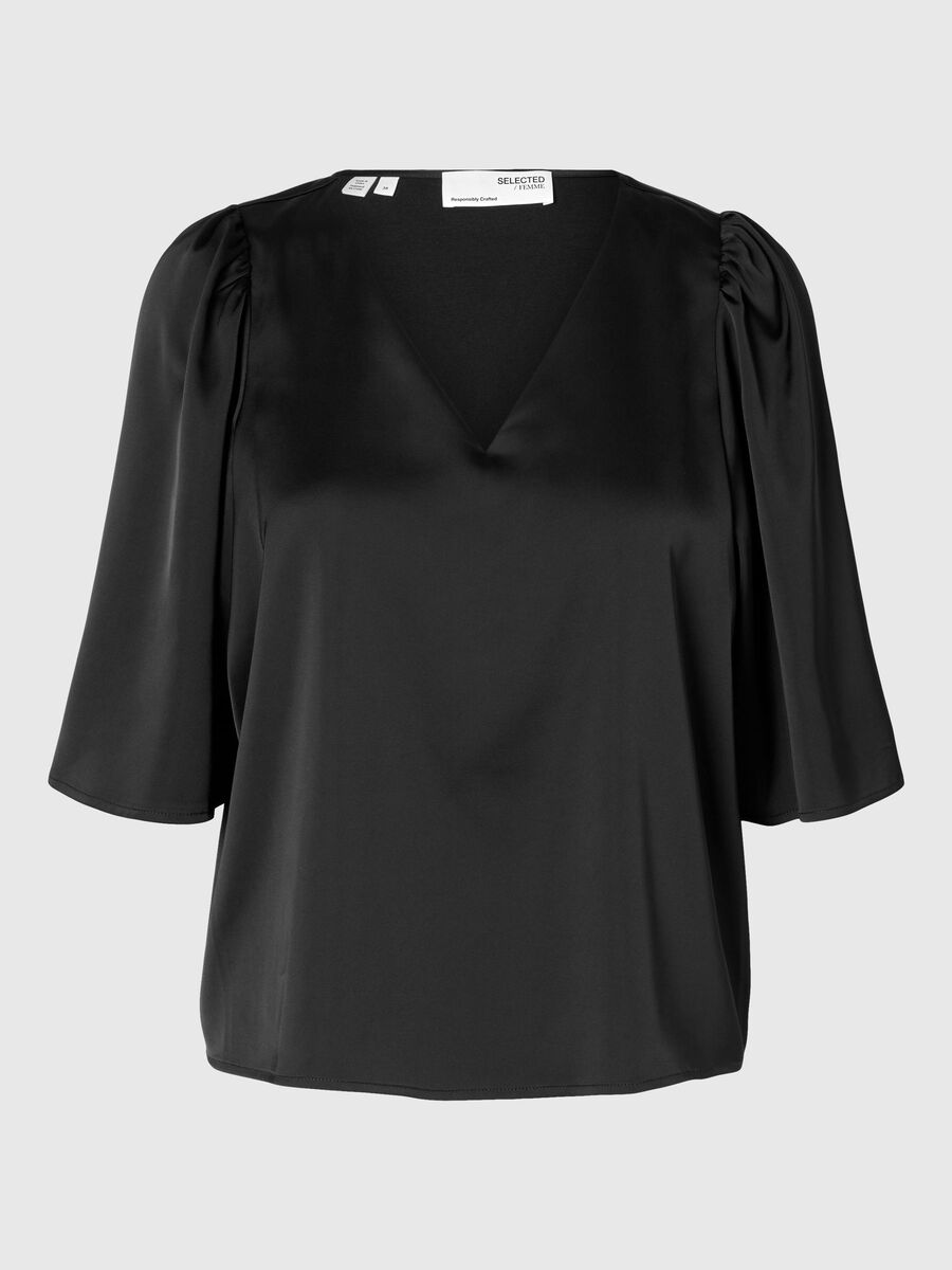 Selected SATIJN SHIRT MET 2/4 MOUWEN, Black, highres - 16095967_Black_001.jpg