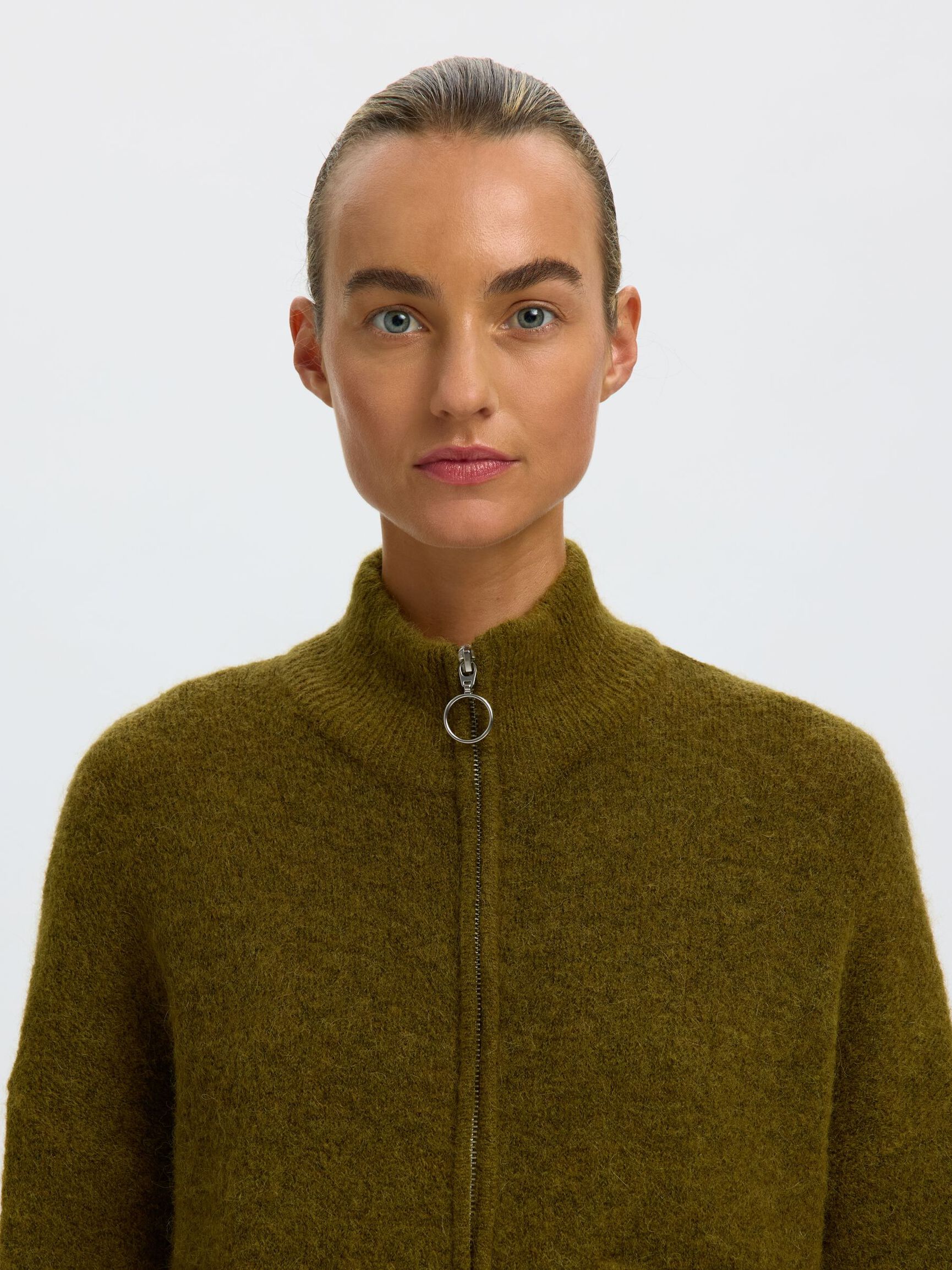 WOOL BLEND CARDIGAN, Fir Green, highres