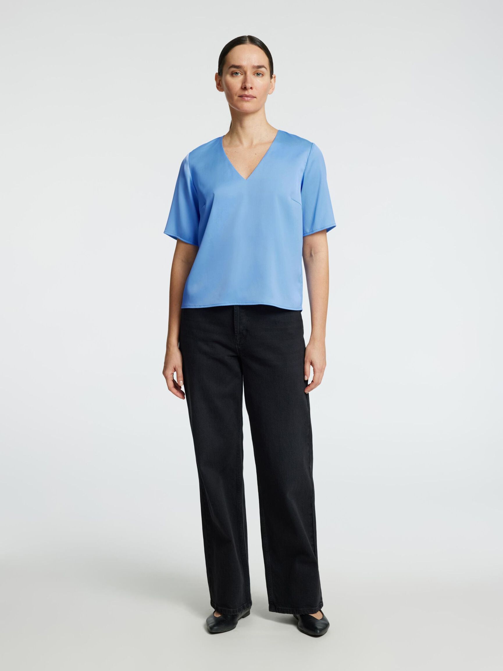 KORTÆRMET TOP MED V-HALS, Cornflower Blue, highres