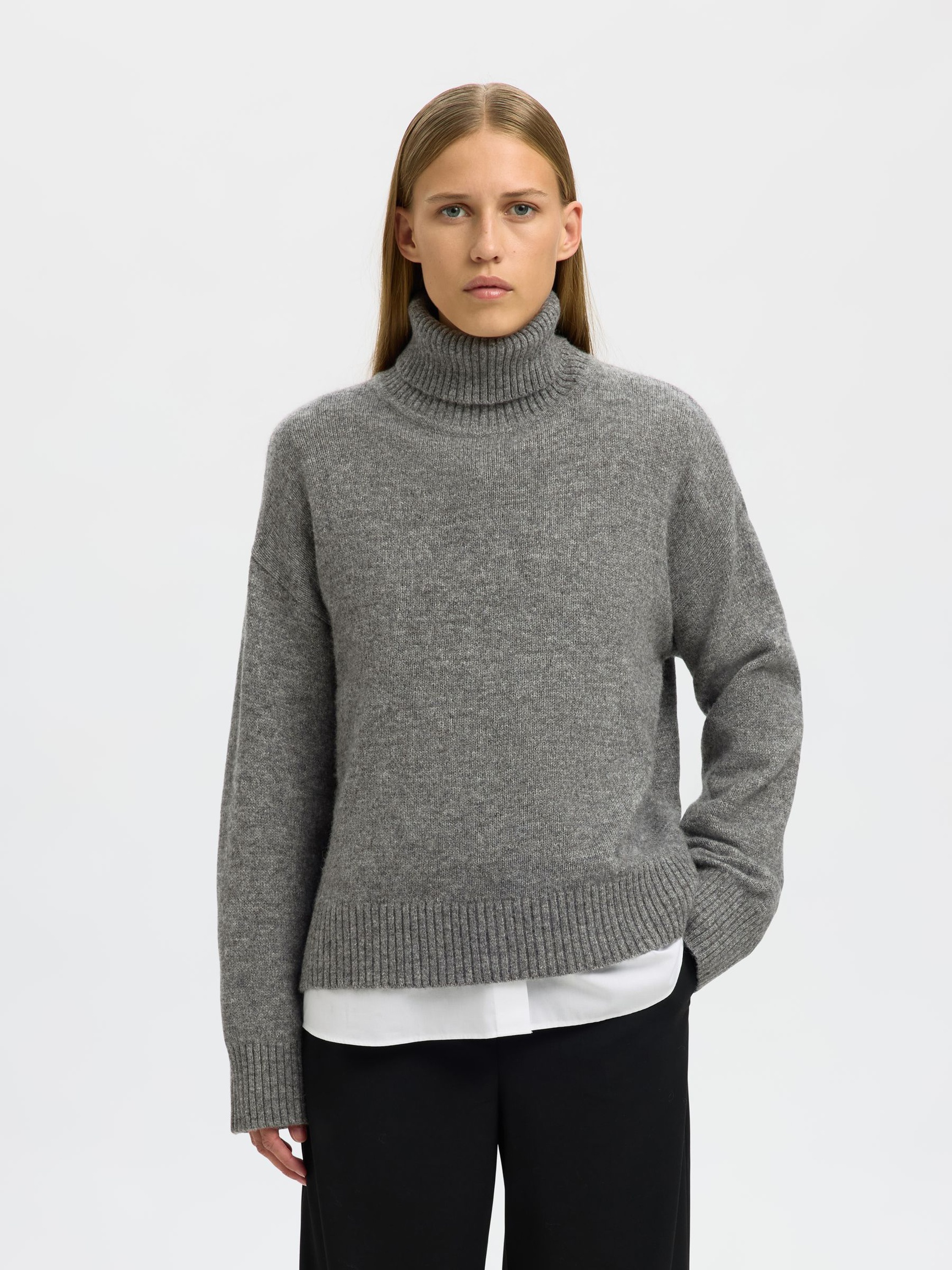 WOOL BLEND ROLL NECK JUMPER, Medium Grey Melange, highres