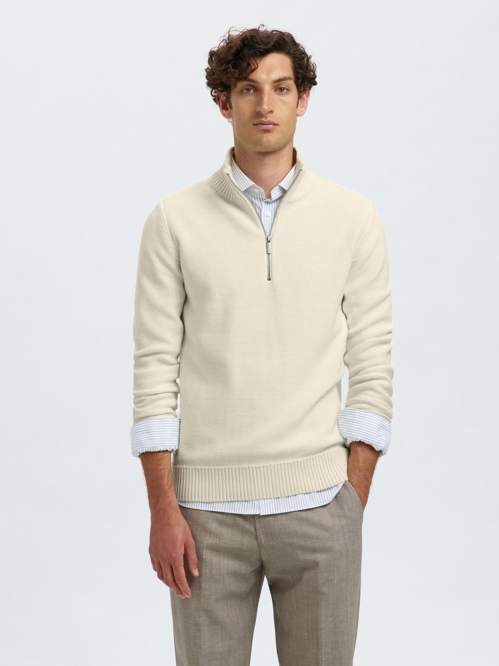 HALF-ZIP PULLOVER, Egret, highres