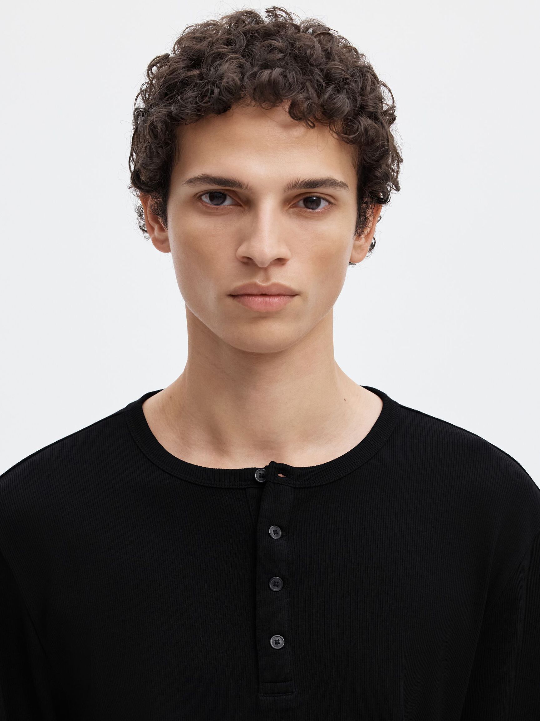 RIBBED BUTTON LONG-SLEEVED T-SHIRT, Black, highres