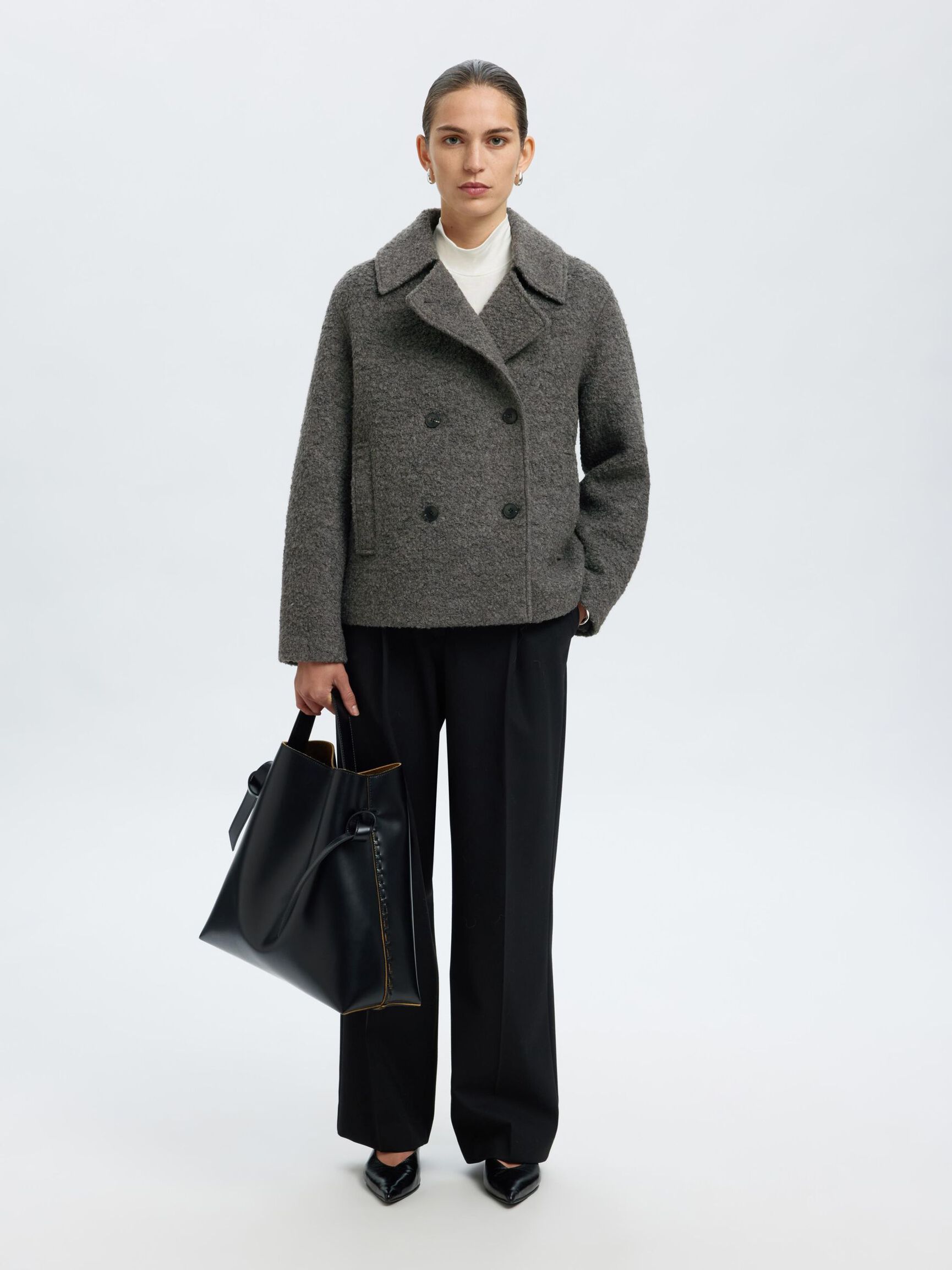 WOOL BLEND BOUCLE SHORT JACKET, Medium Grey Melange, highres