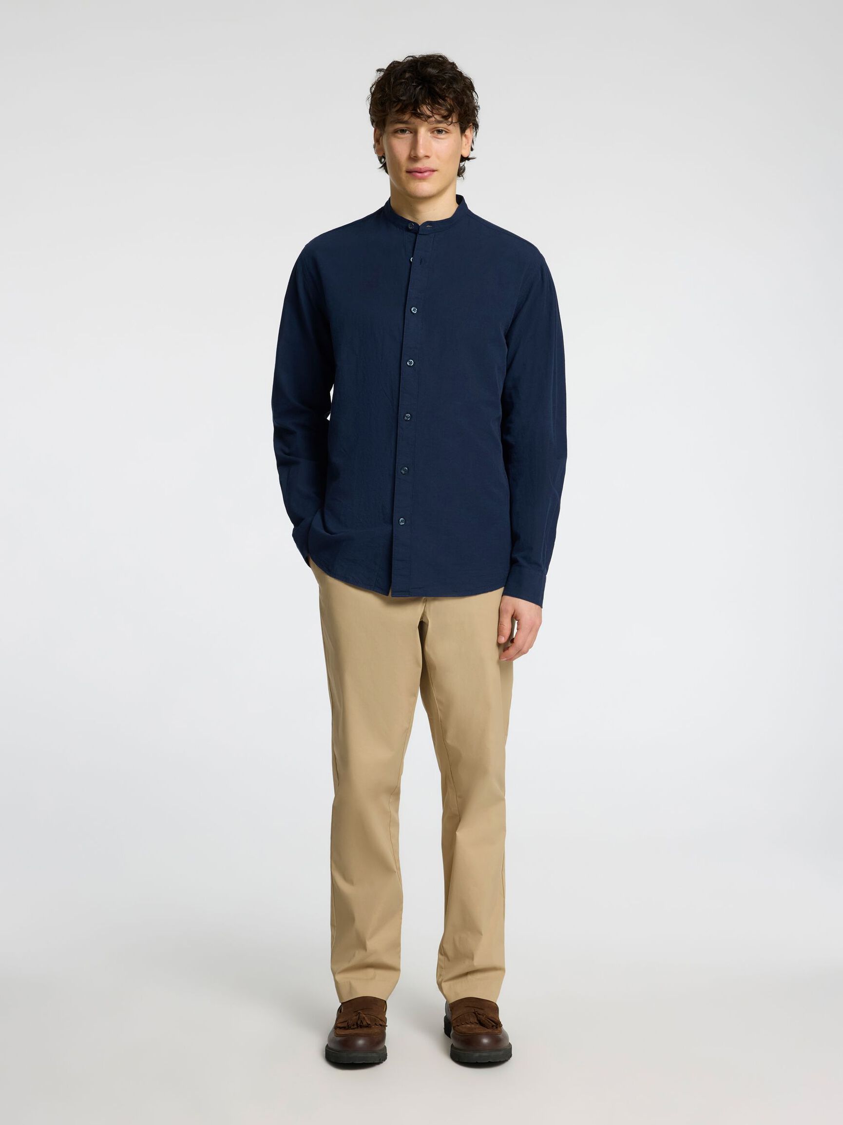 LONG-SLEEVED LINEN BLEND SHIRT, Sky Captain, highres
