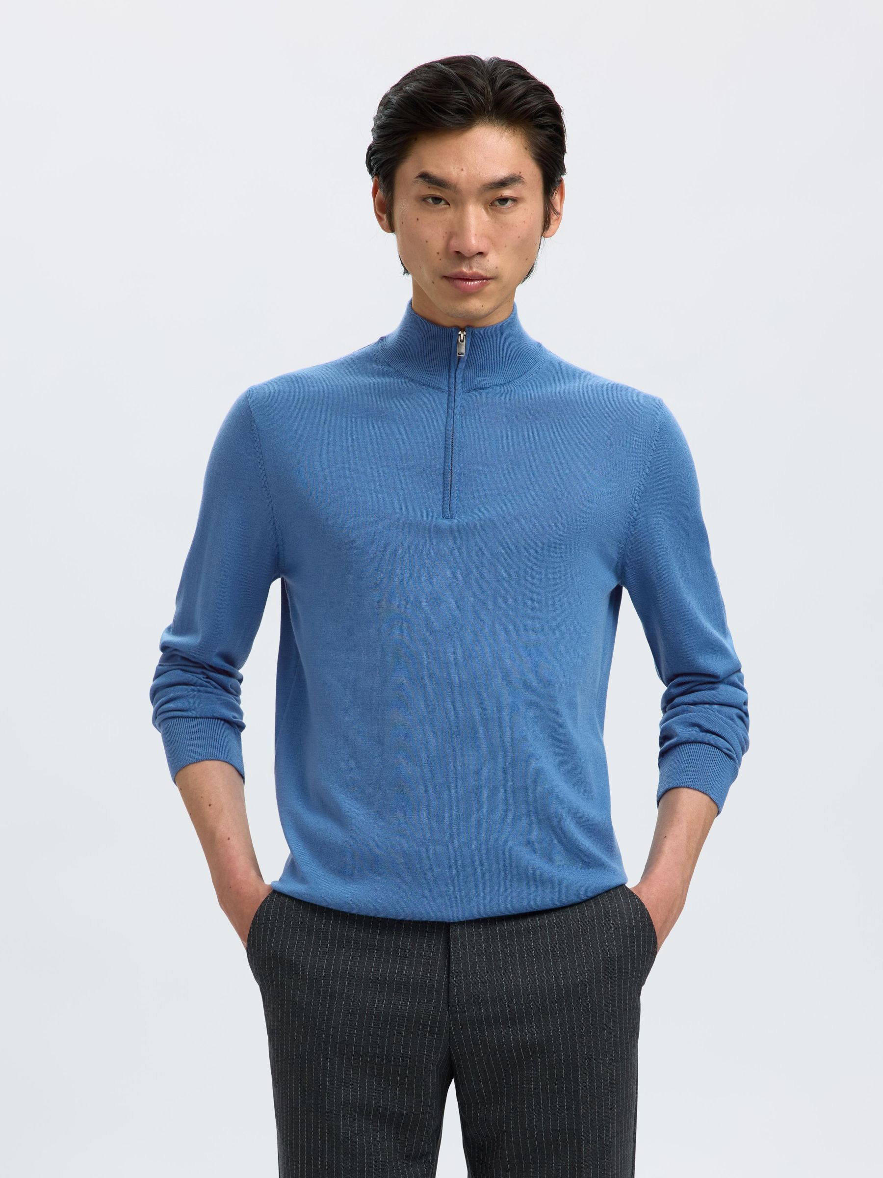 100% MERINO WOOL HALF-ZIP JUMPER, True Navy, highres