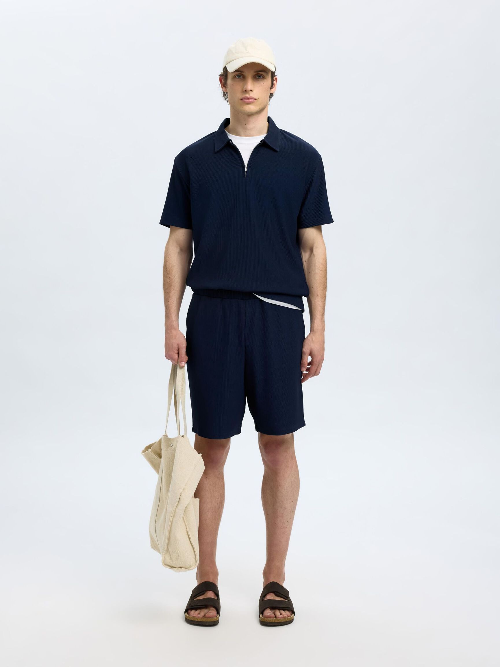 HALF ZIP PLISSE POLO SHIRT, Black Iris, highres