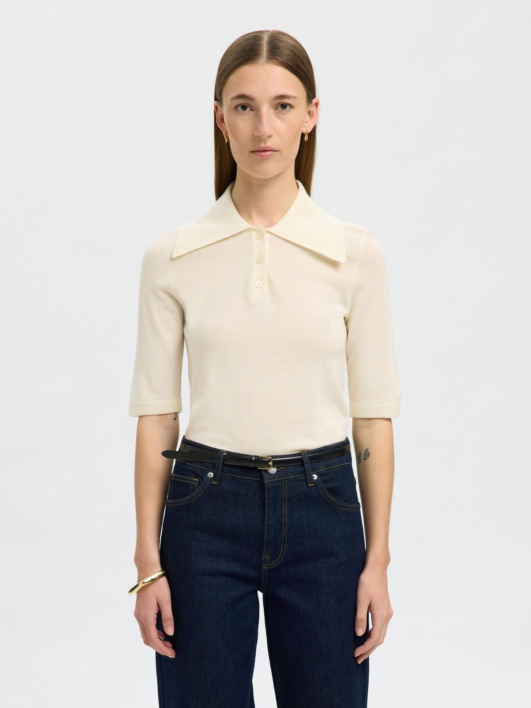 100% MERINO WOOL KNITTED POLO SHIRT, Snow White, highres