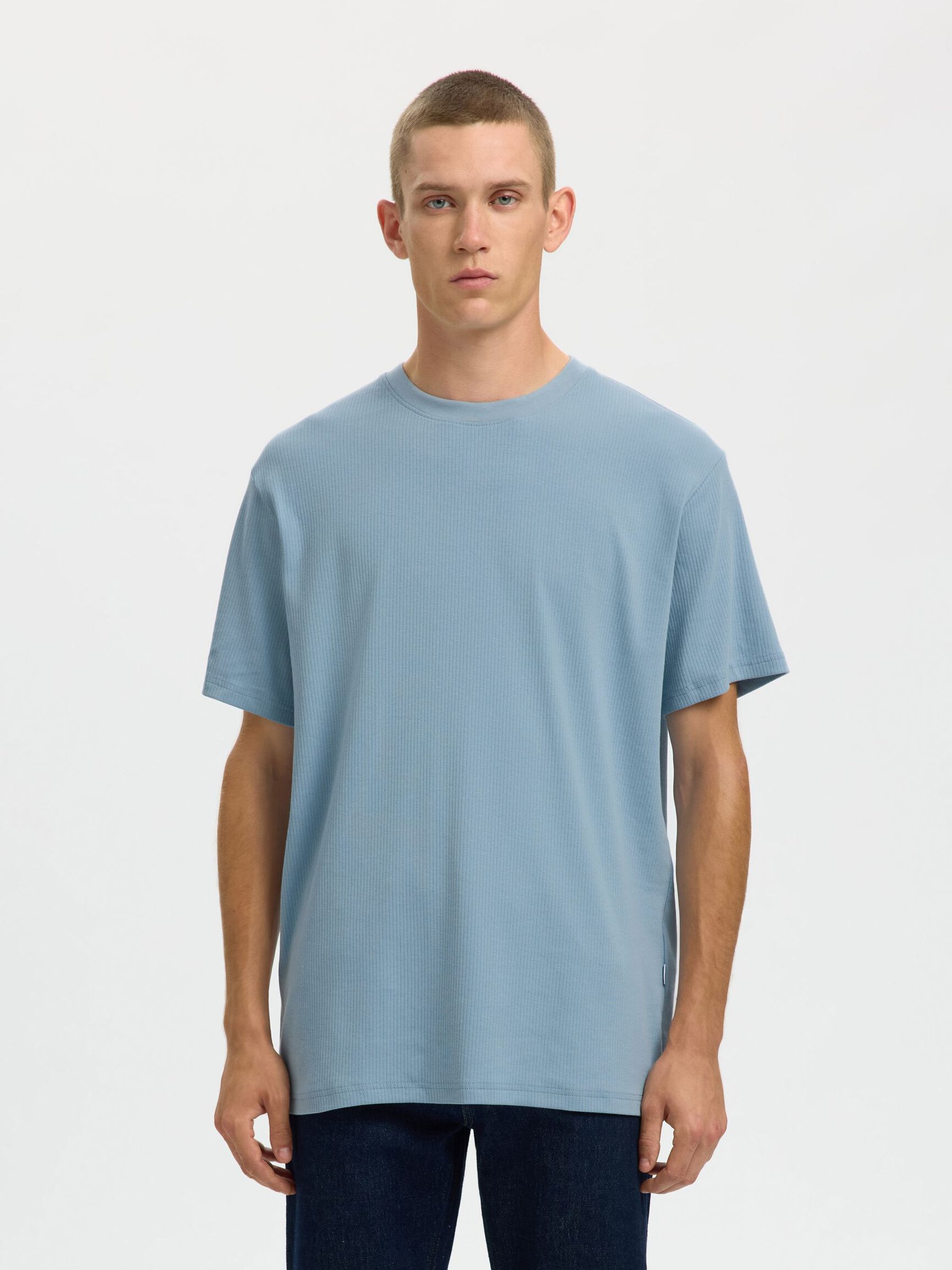 RIBBED COTTON T-SHIRT, Dusty Blue, highres