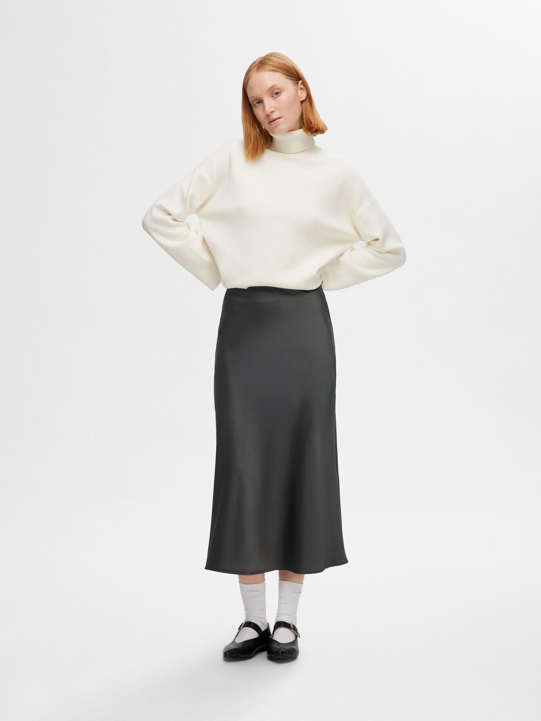 SATIN MIDI SKIRT, Volcanic Ash, highres