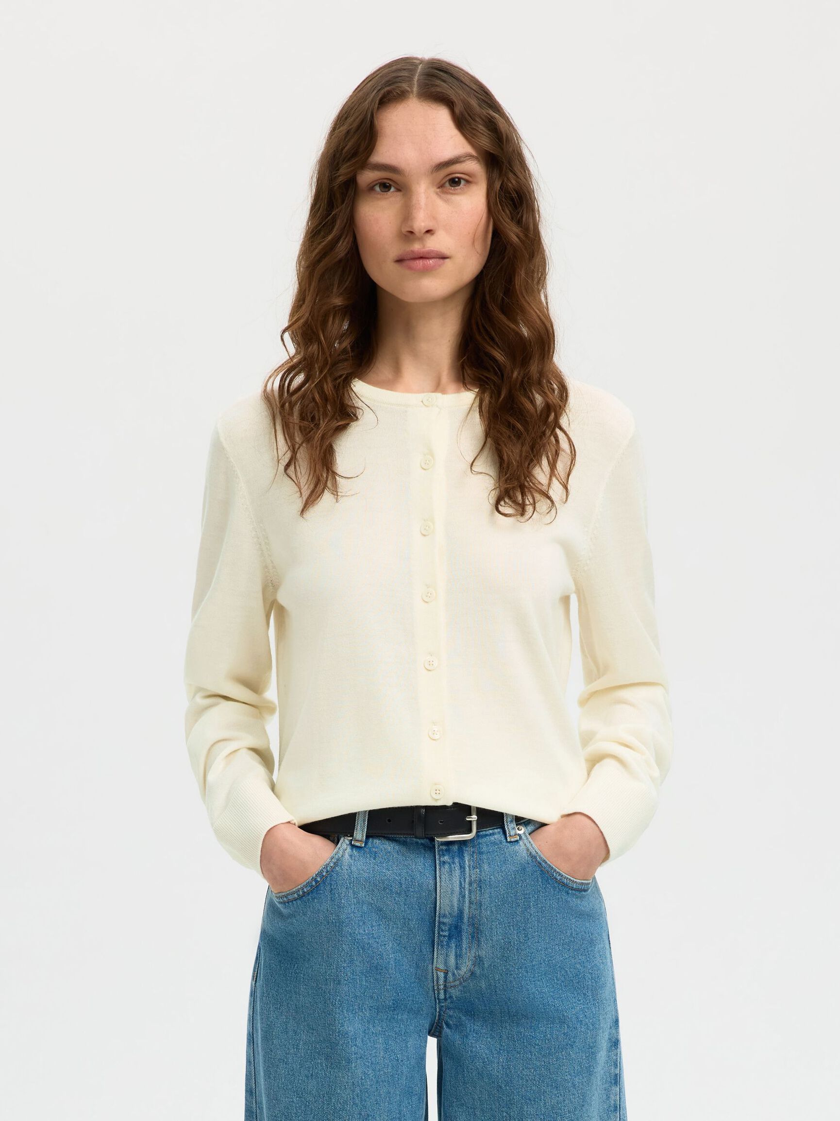 100% MERINO WOOL KNITTED CARDIGAN, Egret, highres