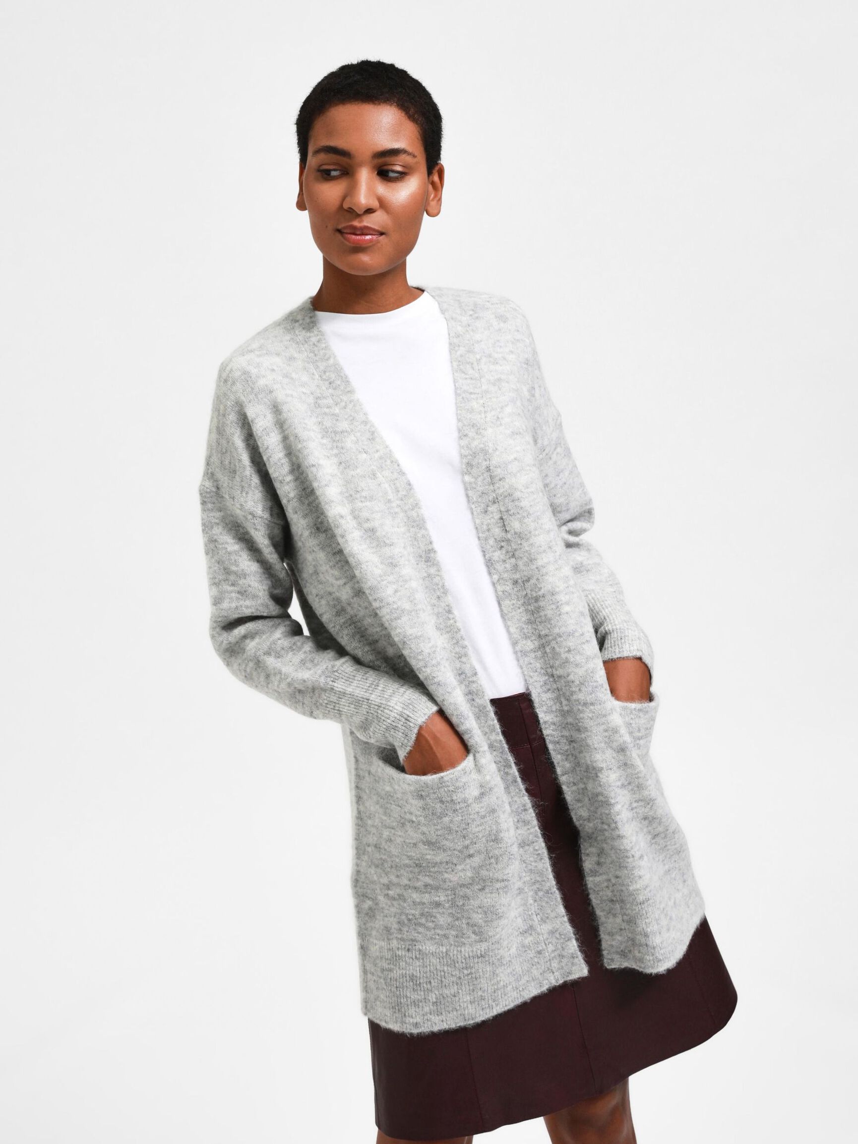 LONG KNITTED CARDIGAN, Light Grey Melange, highres