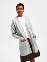 LONG KNITTED CARDIGAN, Light Grey Melange, highres