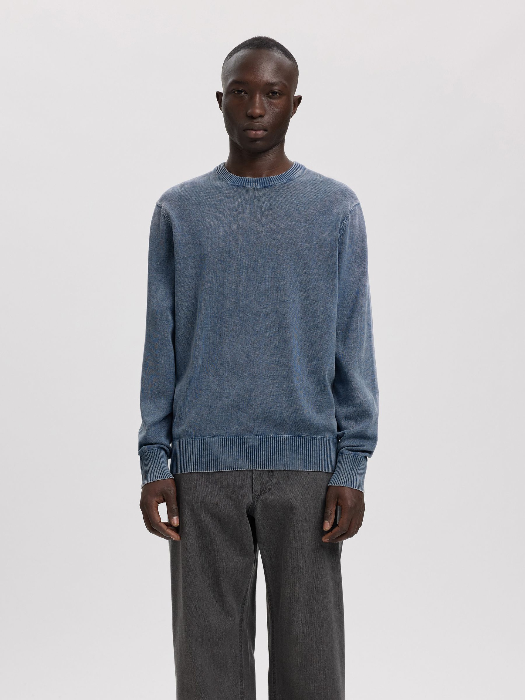 BAUMWOLL PULLOVER MIT RUNDHALSAUSSCHNITT, Dusty Blue, highres
