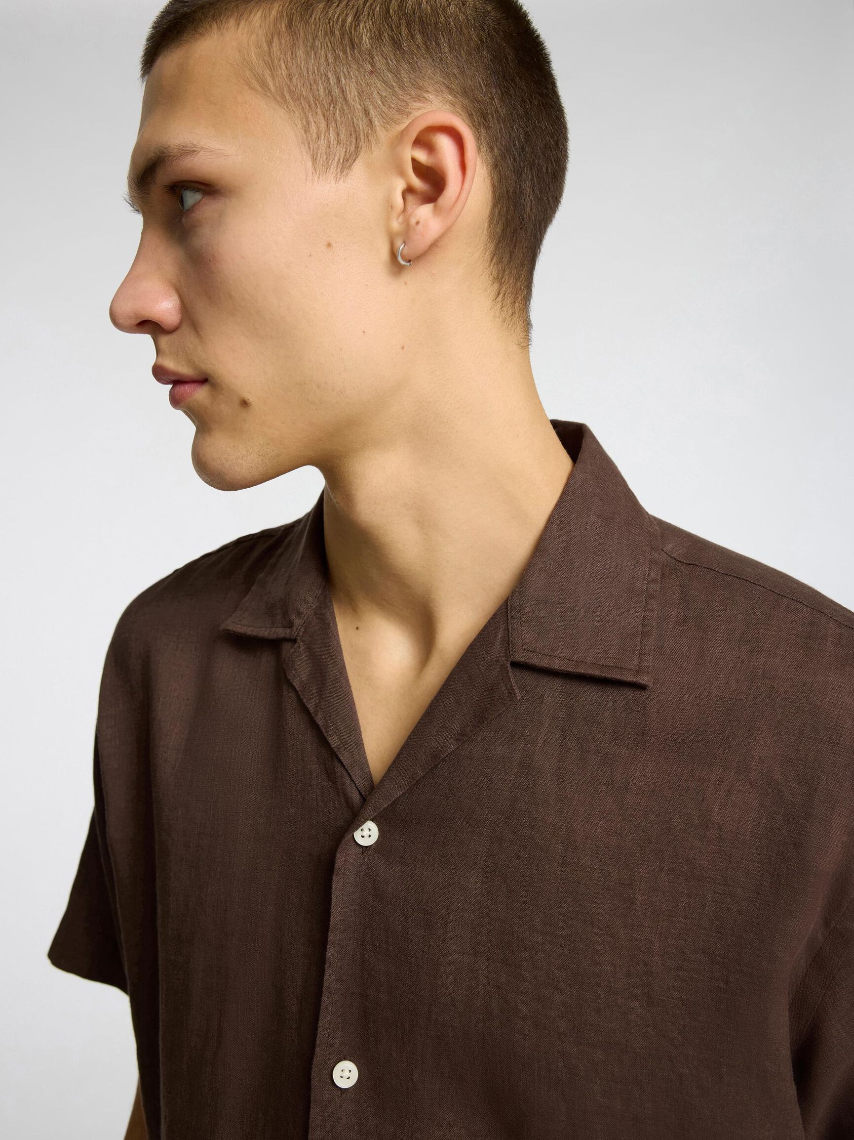 100 % LIN CHEMISE À MANCHES COURTES, Chocolate Brown, highres