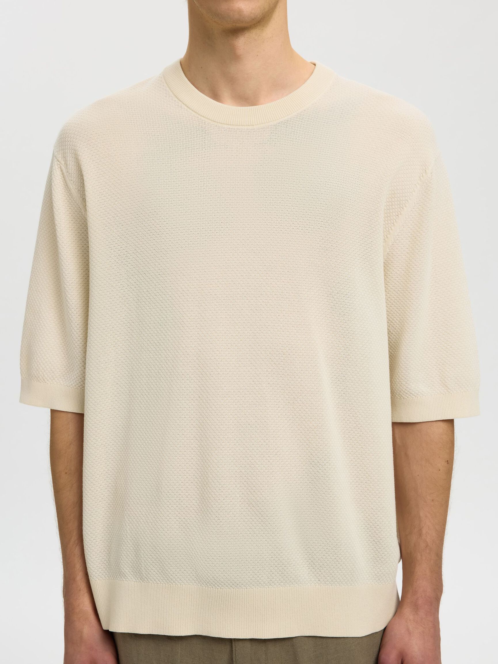 KNITTED COTTON T-SHIRT, Birch, highres