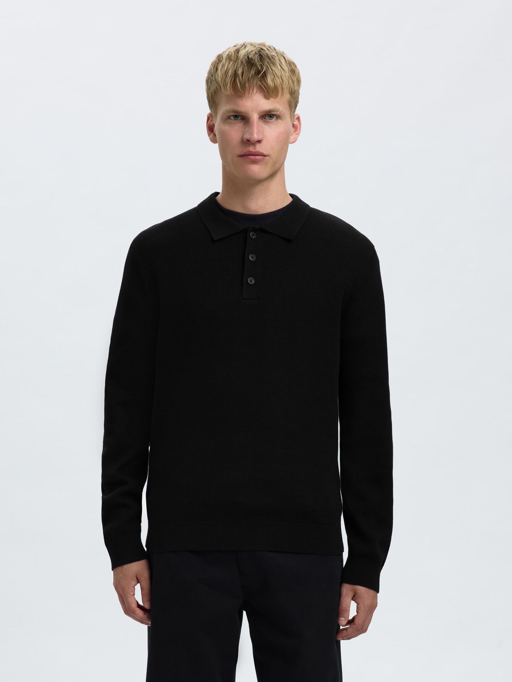 STRUKTURERET BOMULD POLO, Black, highres