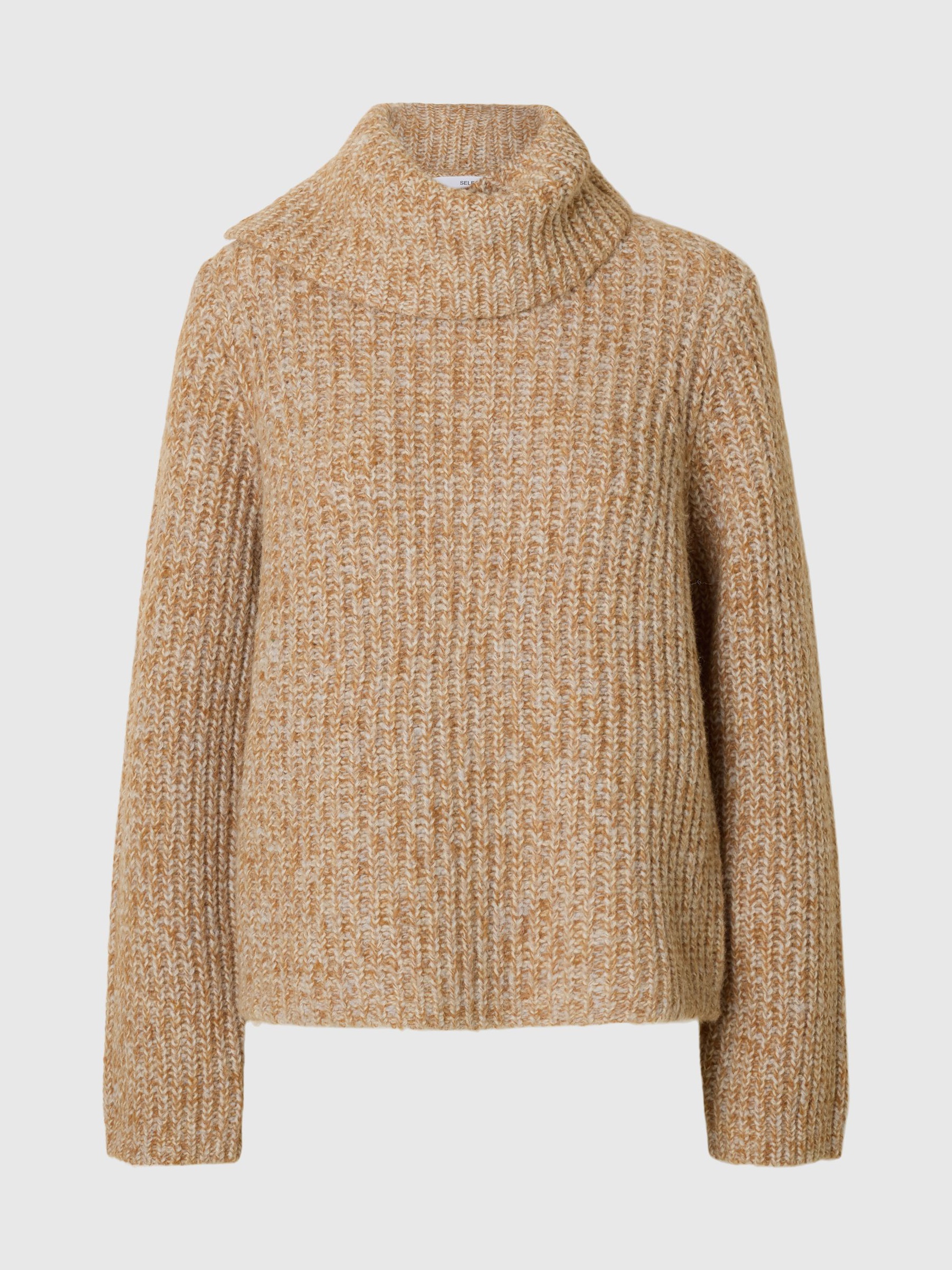 WOOL BLEND CHUNKY KNITTED JUMPER, Golden Brown, highres