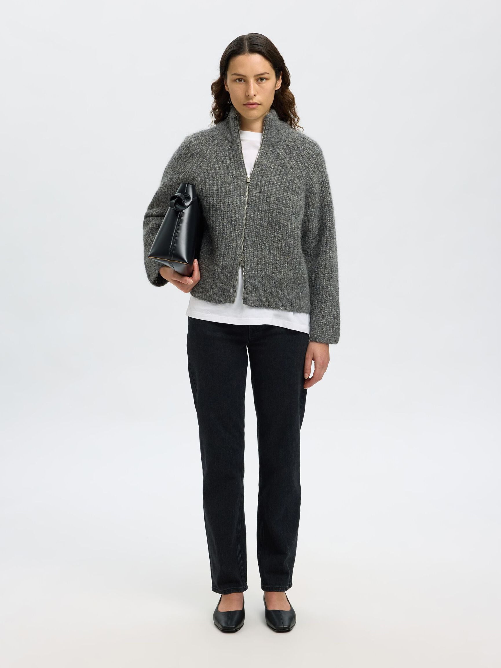 WOOL BLEND ZIP-FRONT CARDIGAN, Medium Grey Melange, highres