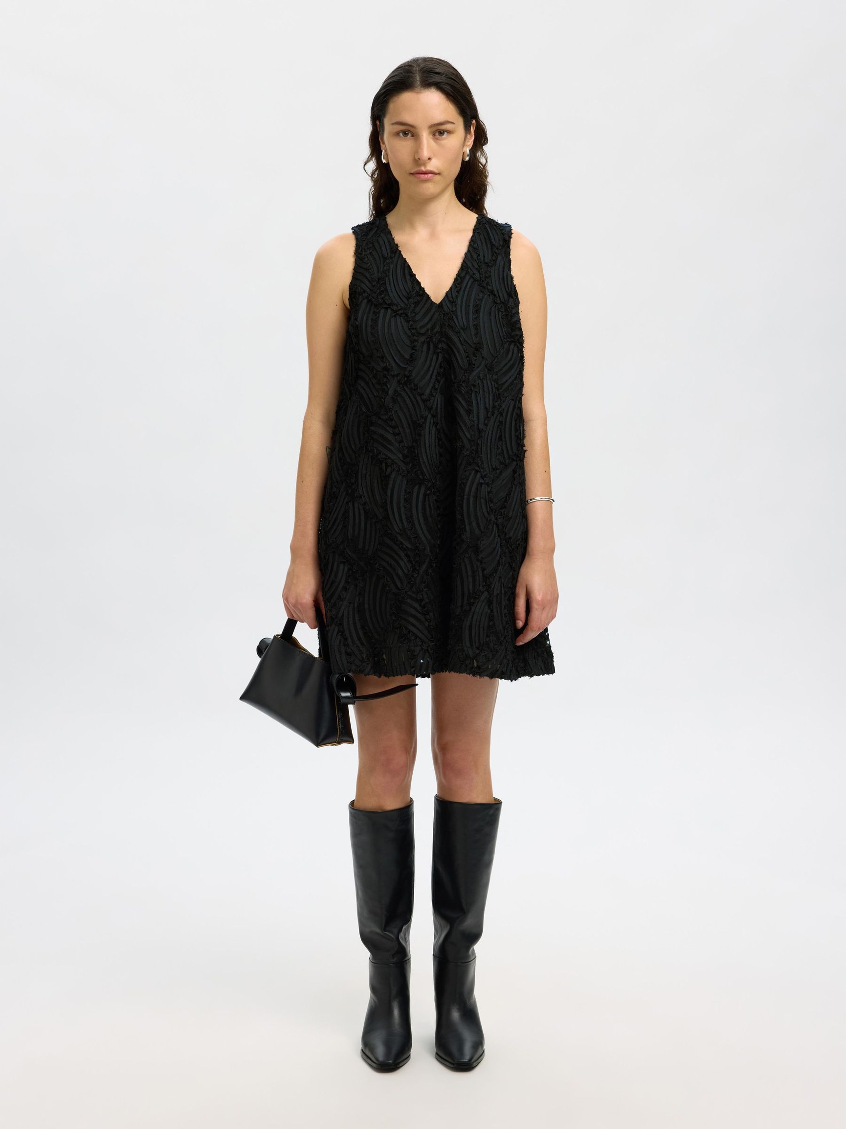 V-NECK MINI DRESS, Black, highres