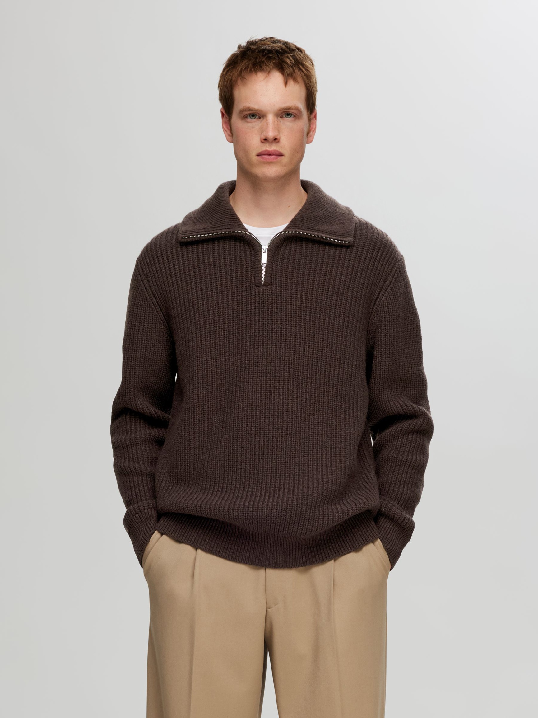 KNITTED WOOL BLEND HALF-ZIP JUMPER, Chocolate Torte, highres