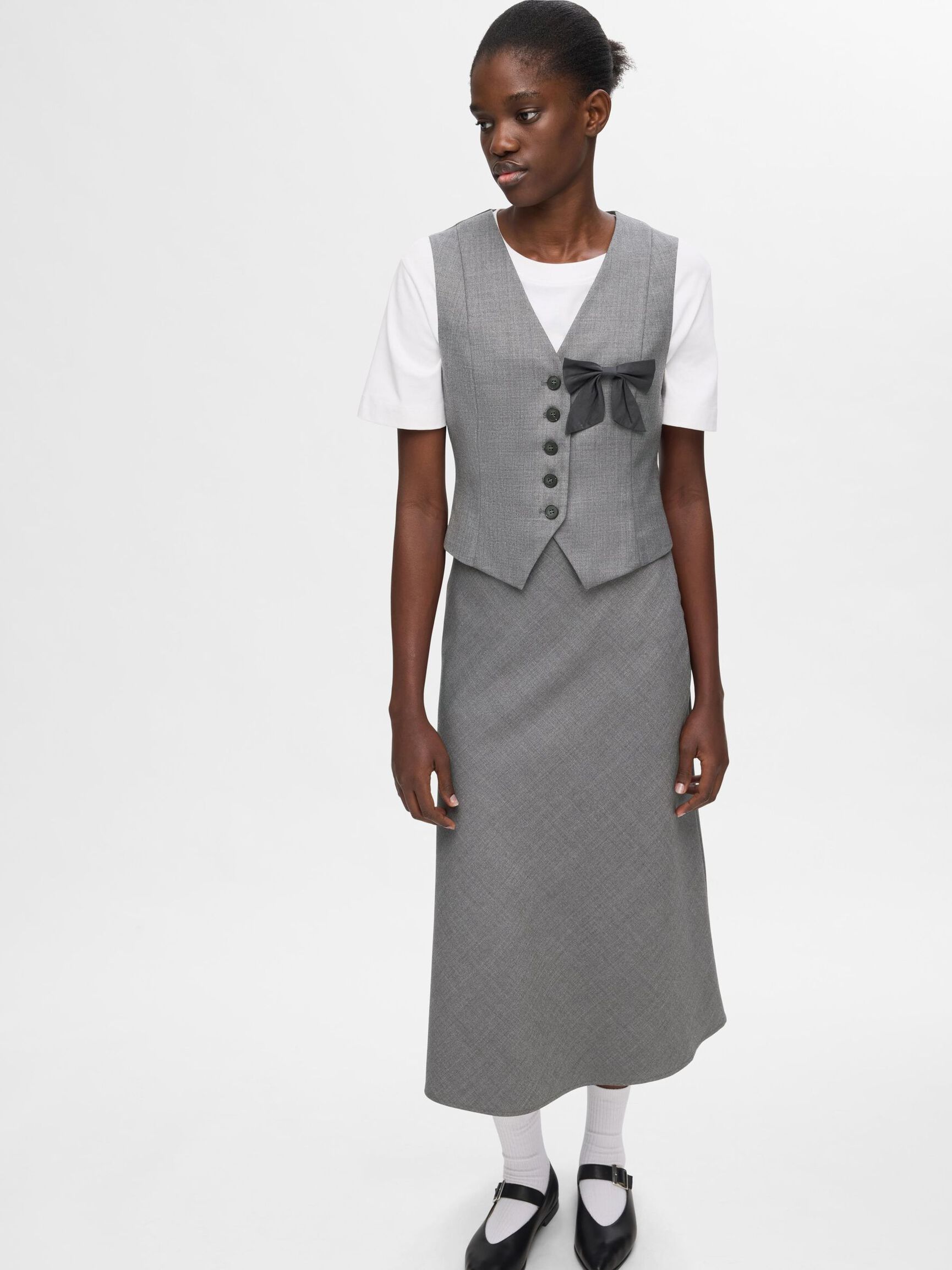 TAILORED WOOL BLEND MIDI SKIRT, Grey Melange, highres