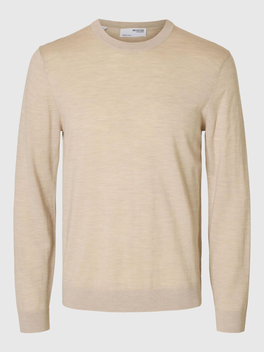 Selected 100% MERINOWOL PULLOVER MET RONDE HALS, Oatmeal, highres - 16094647_Oatmeal_1151275_001.jpg