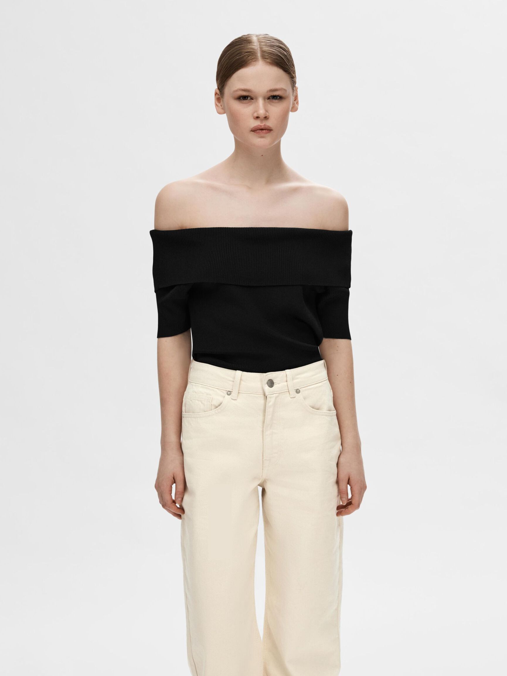 OFF-SHOULDER STRIKKET TOP, Black, highres