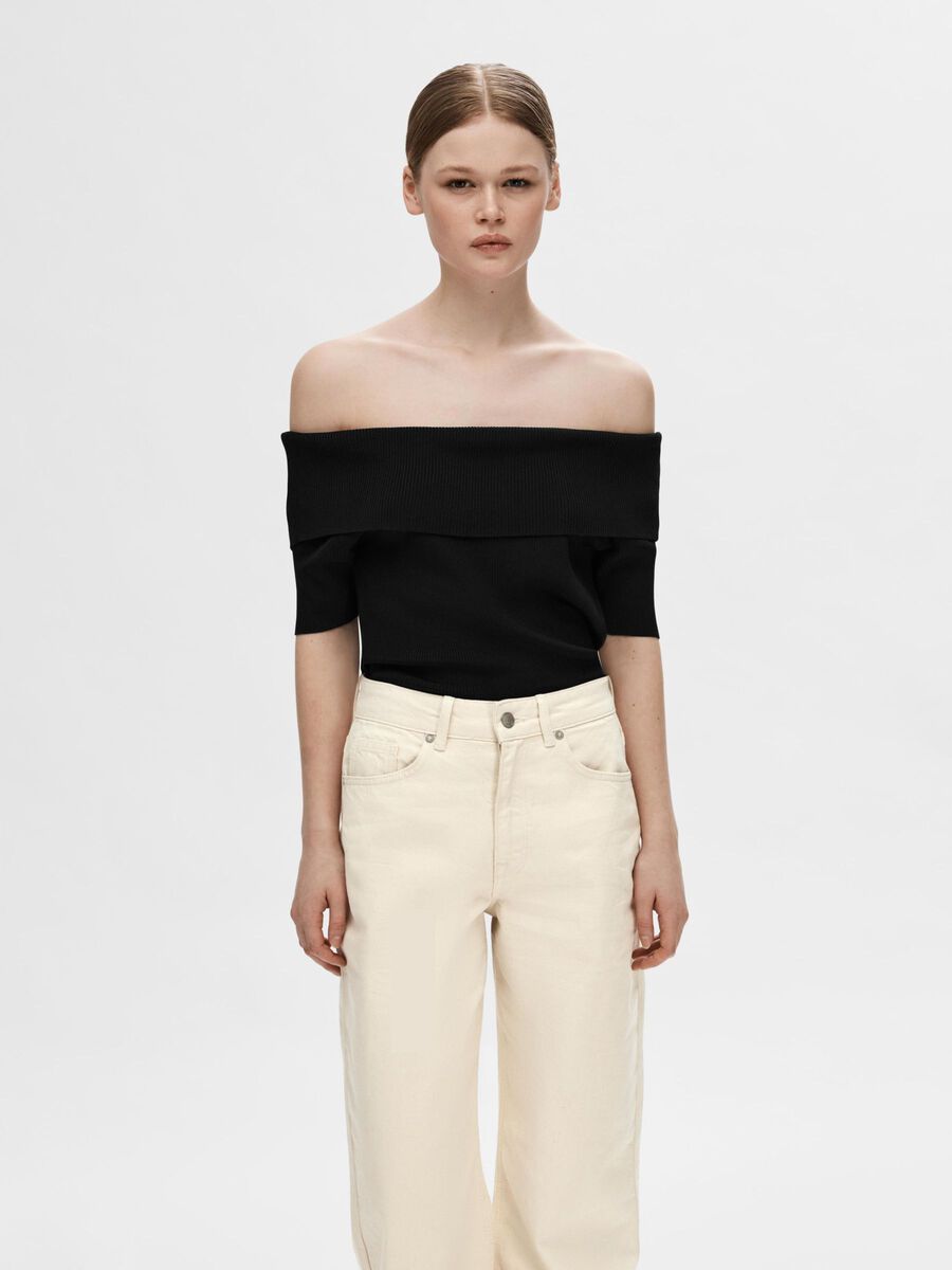Selected OFF-SHOULDER KNITTED TOP, Black, highres - 16093081_Black_003.jpg