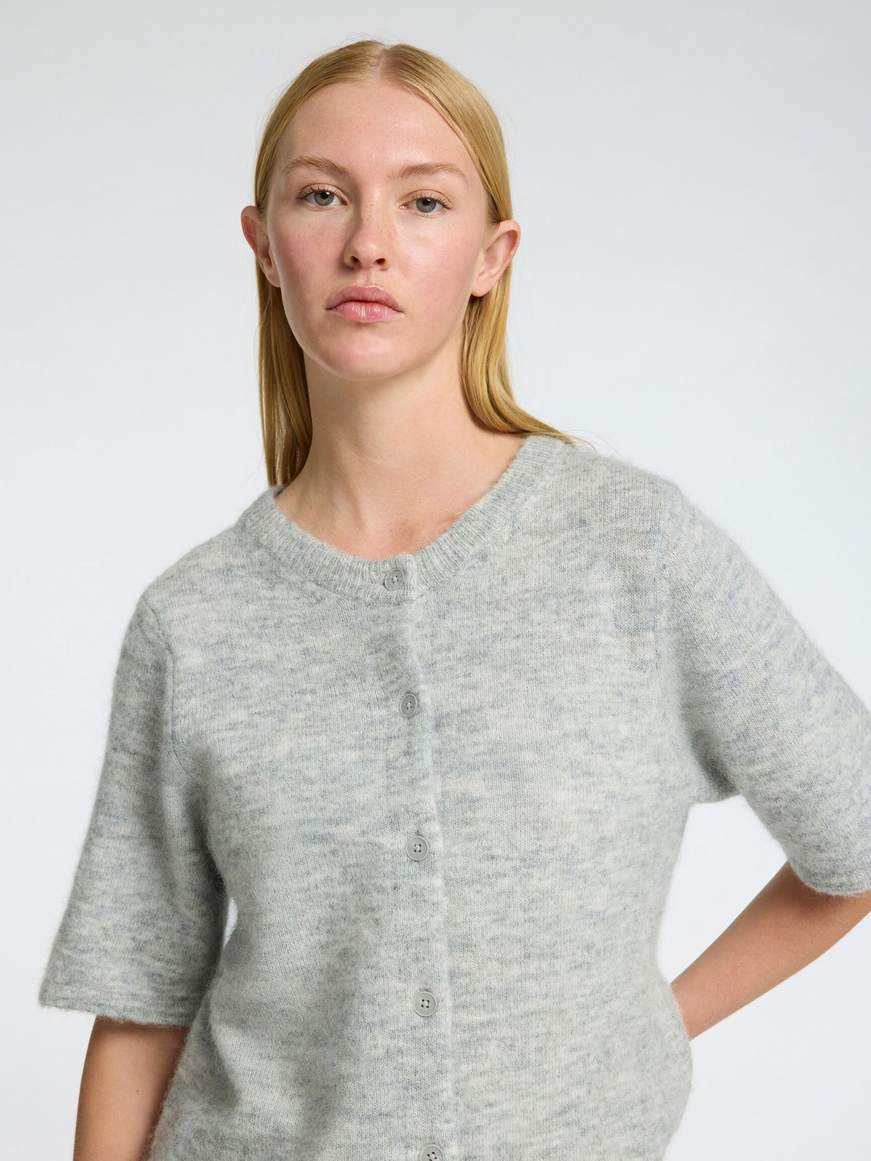 ULLBLANDNING KORTÄRMAD KOFTA, Light Grey Melange, highres