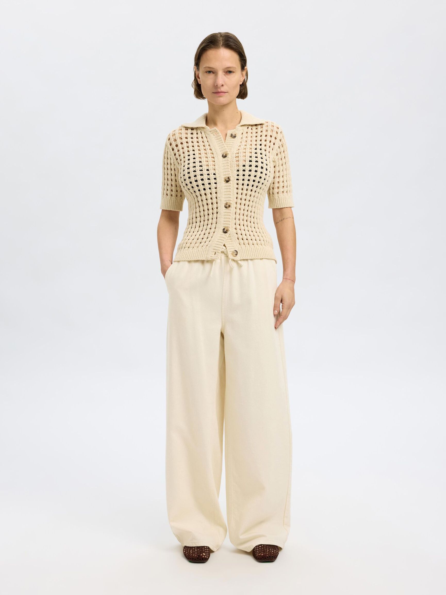 COTTON BLEND WIDE-LEG TROUSERS, Ecru, highres