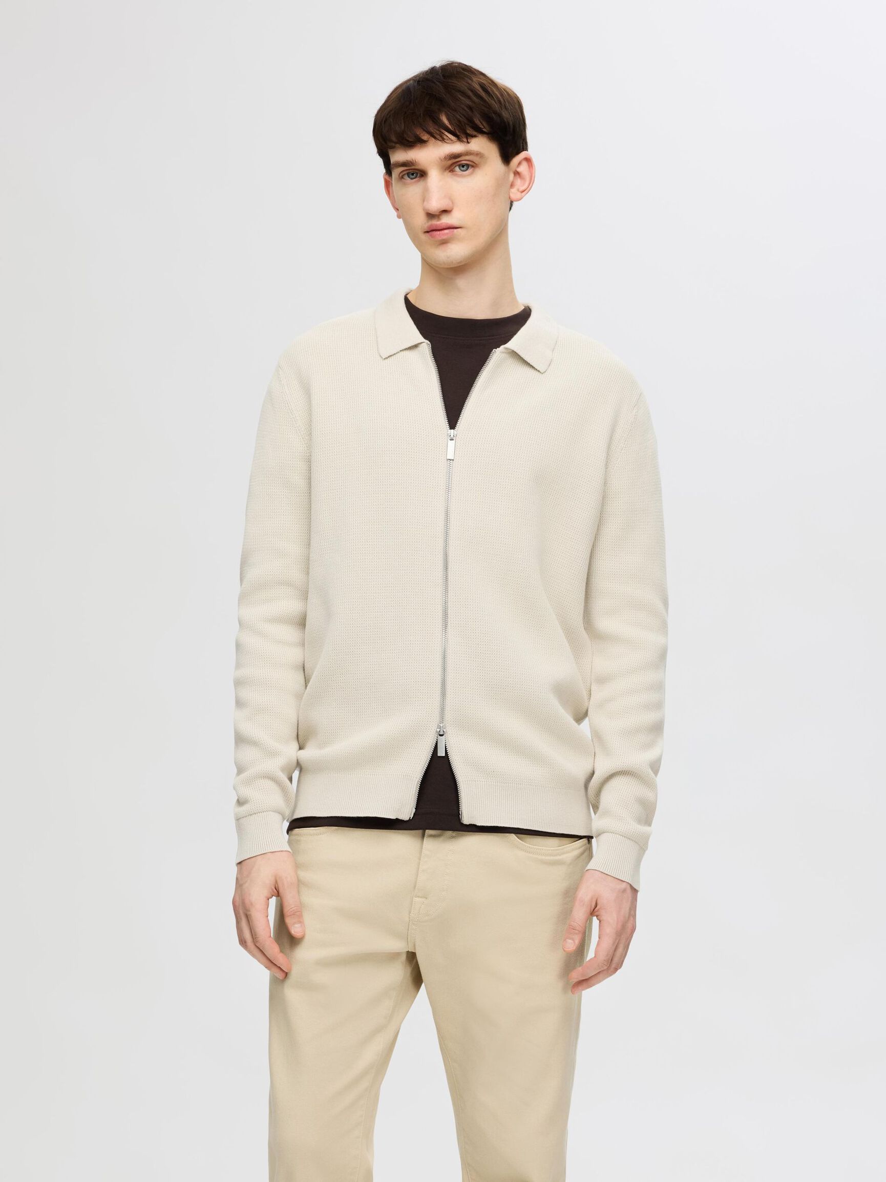 KNITTED ZIP-FRONT CARDIGAN, Oatmeal, highres