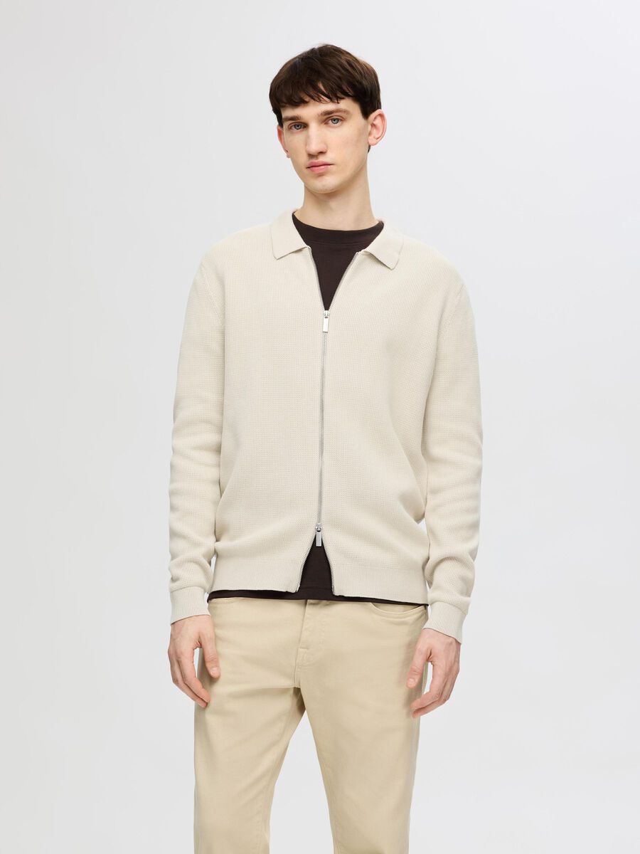 Selected KNITTED ZIP-FRONT CARDIGAN, Oatmeal, highres - 16094493_Oatmeal_003.jpg