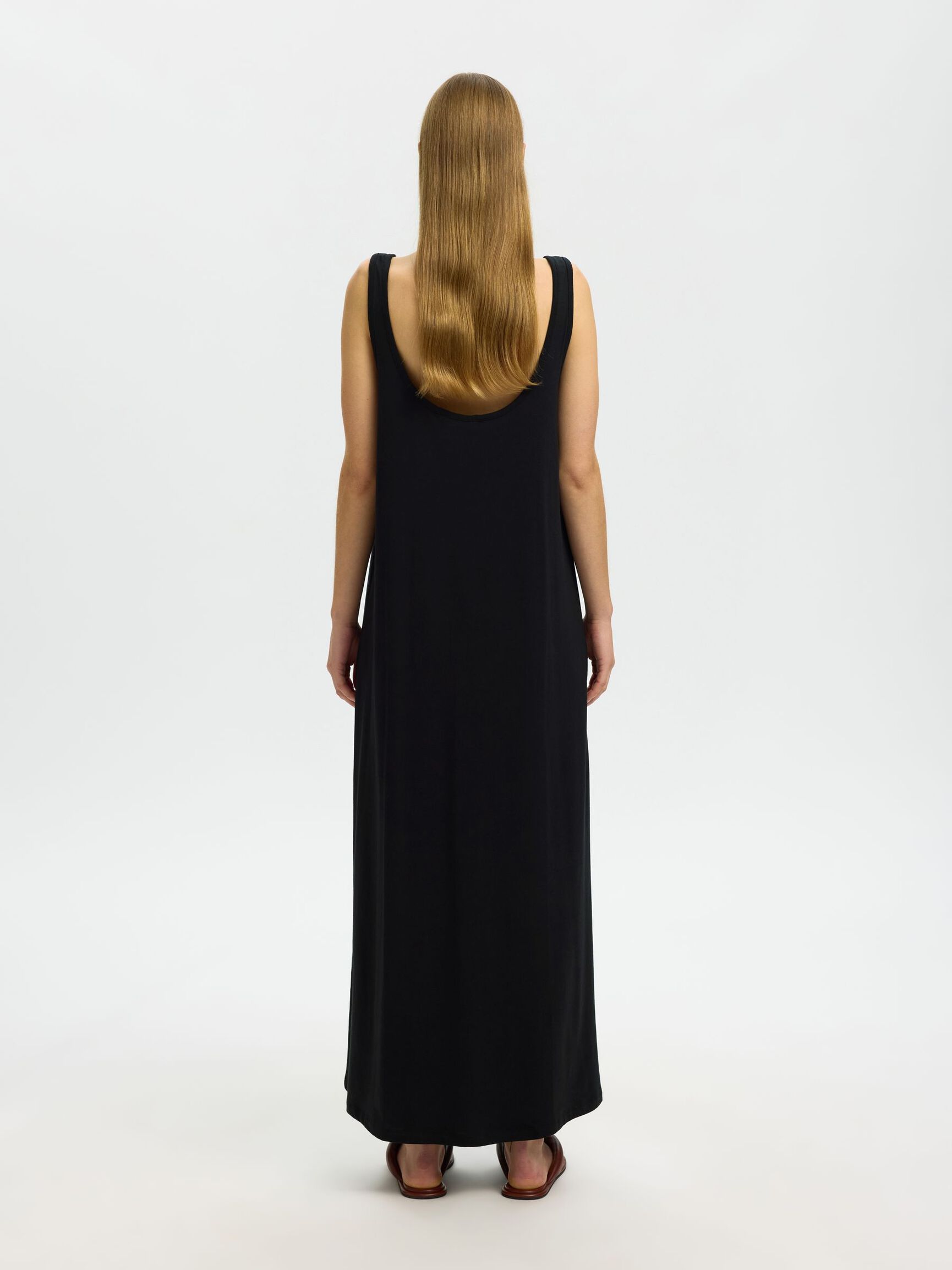 ÄRMELLOSES BAUMWOLLMIX MAXIKLEID, Black, highres