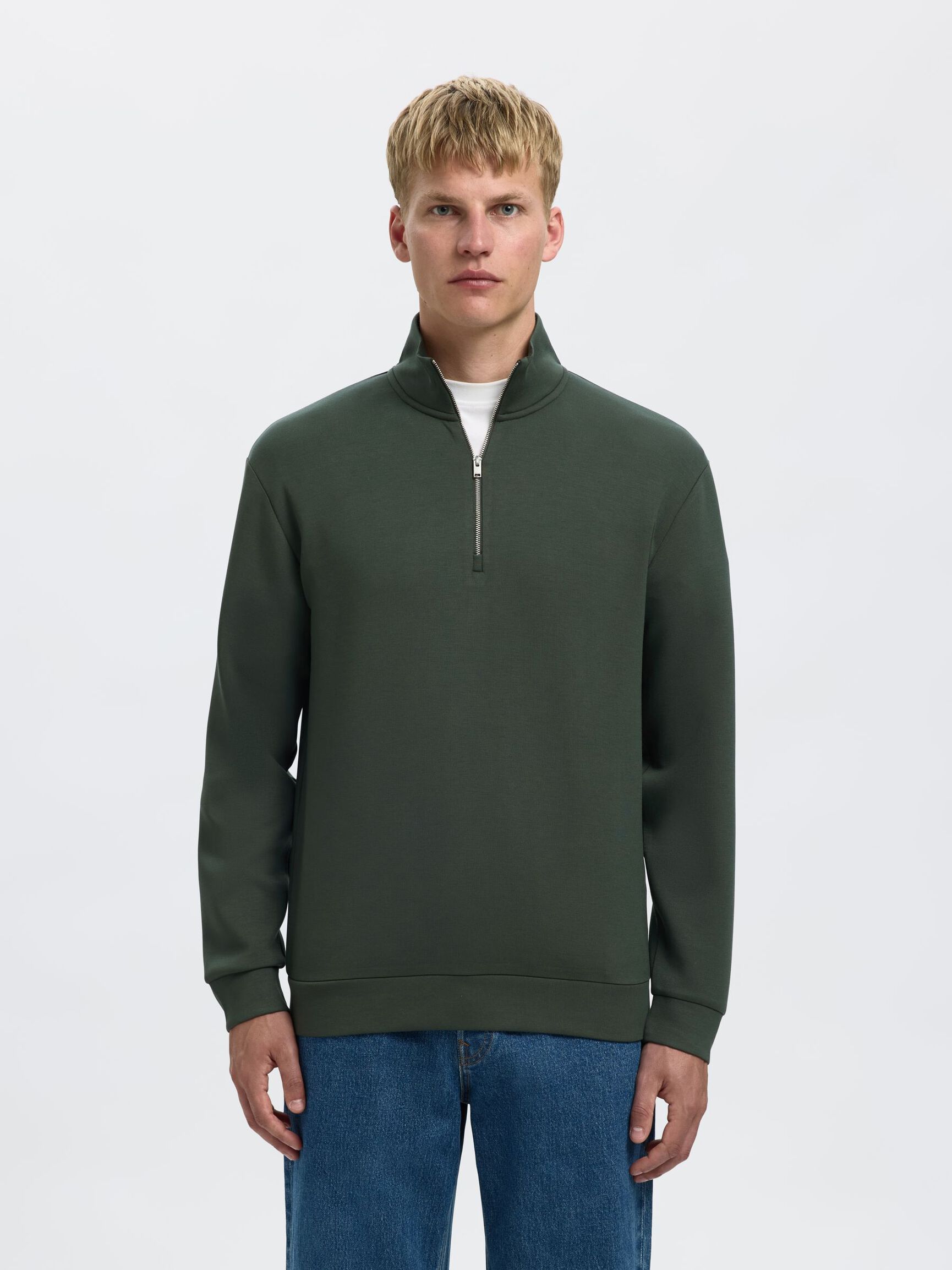 VISCOSE BLEND HALF ZIP SWEATSHIRT, Deep Forest, highres