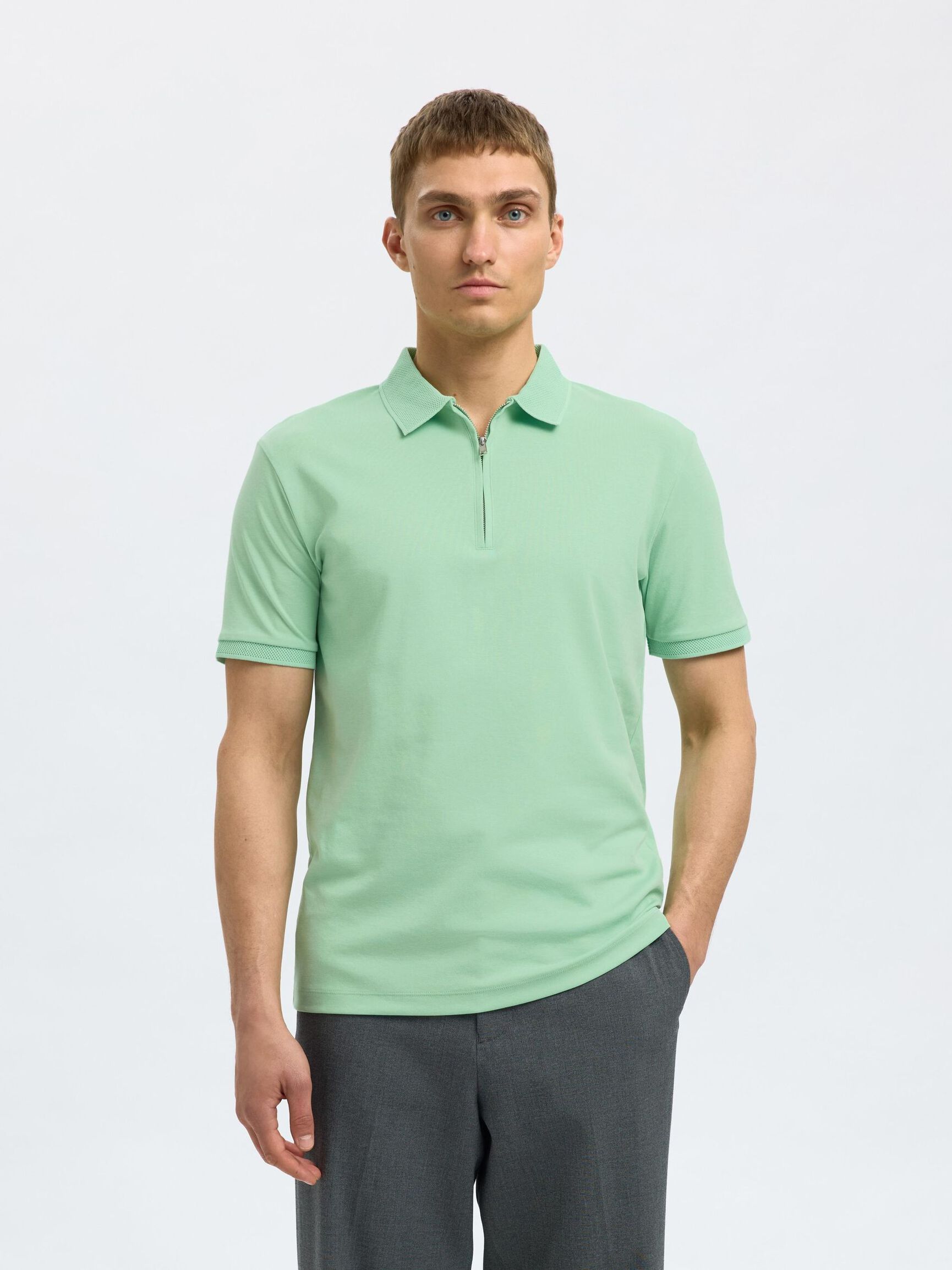 ZIPPER POLO SHIRT, Hemlock, highres
