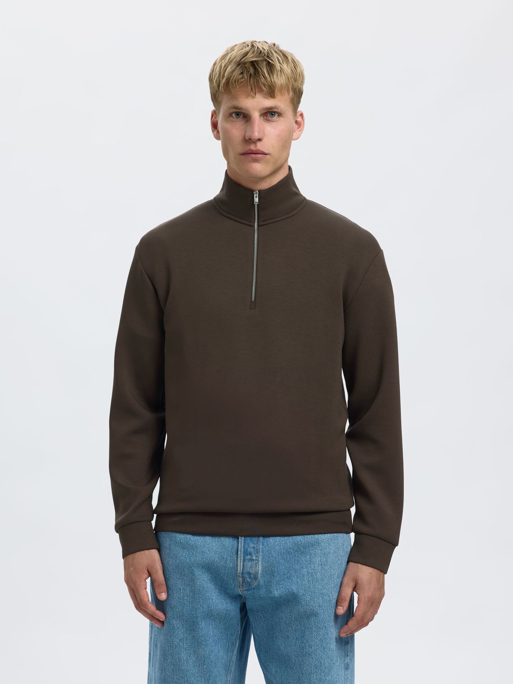 VISCOSE BLEND HALF ZIP SWEATSHIRT, Demitasse, highres