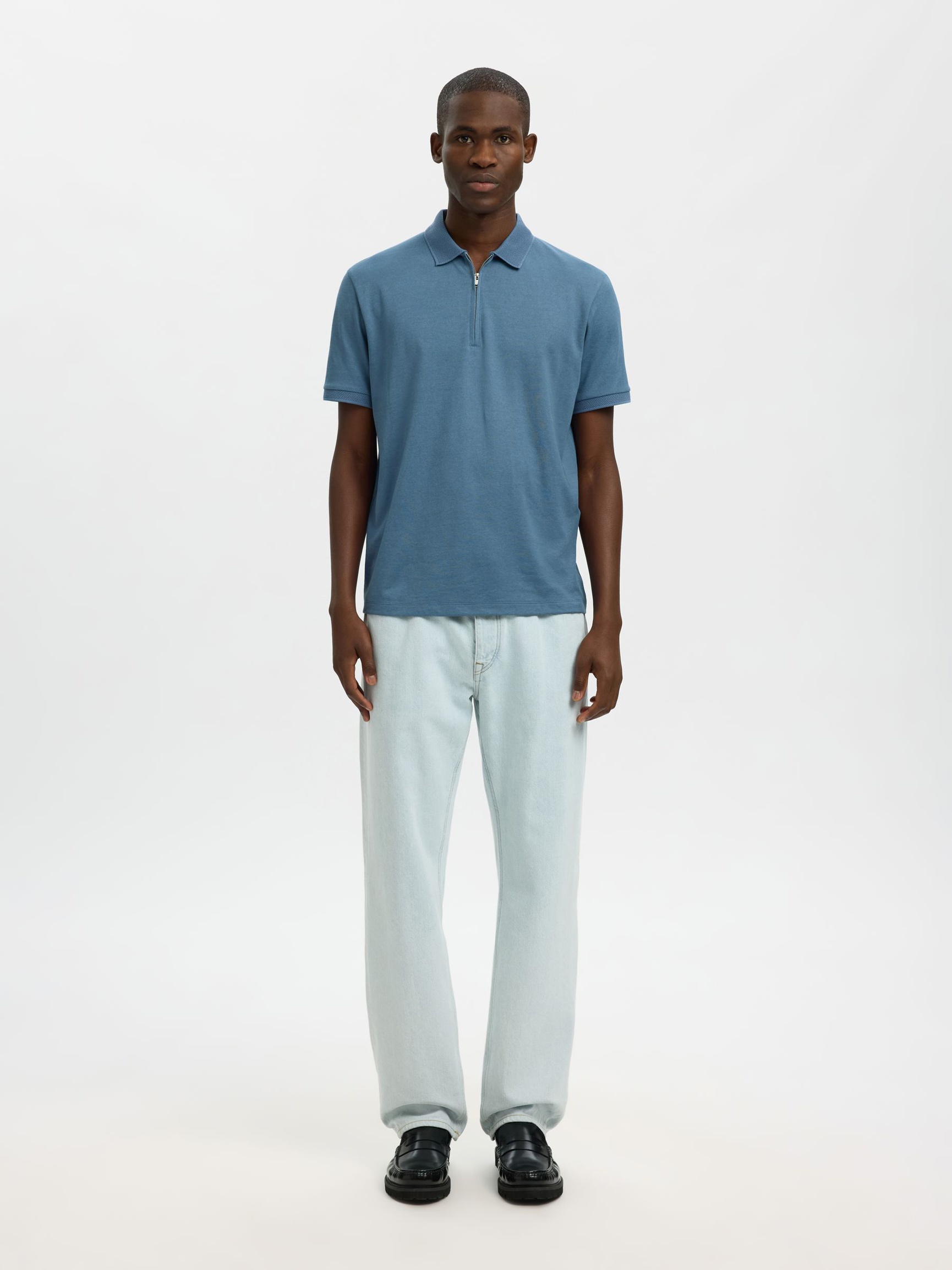 ZIPPER KNITTED POLO SHIRT, Blue Mirage, highres