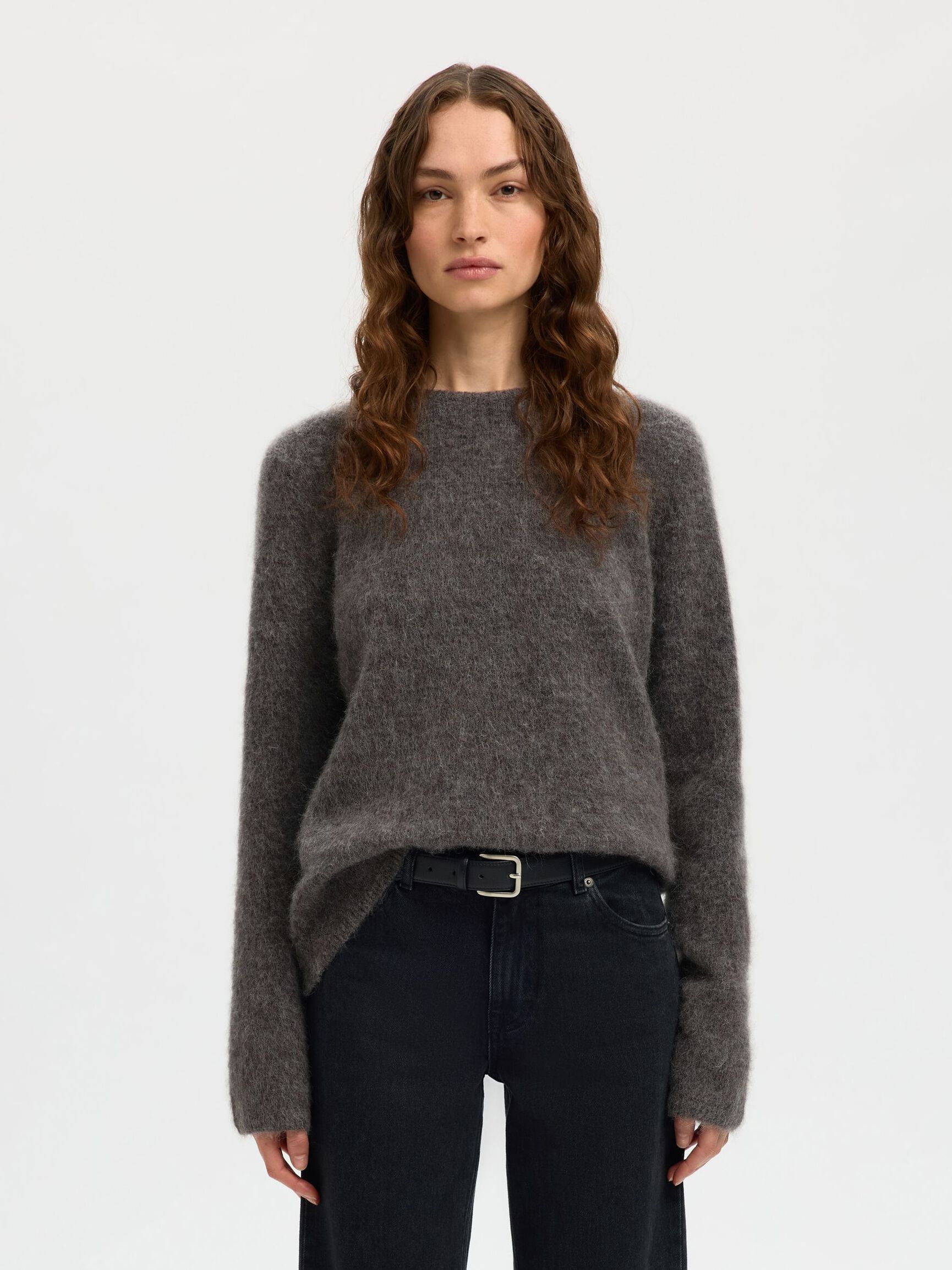 WOOL BLEND KNITTED JUMPER, Medium Grey Melange, highres