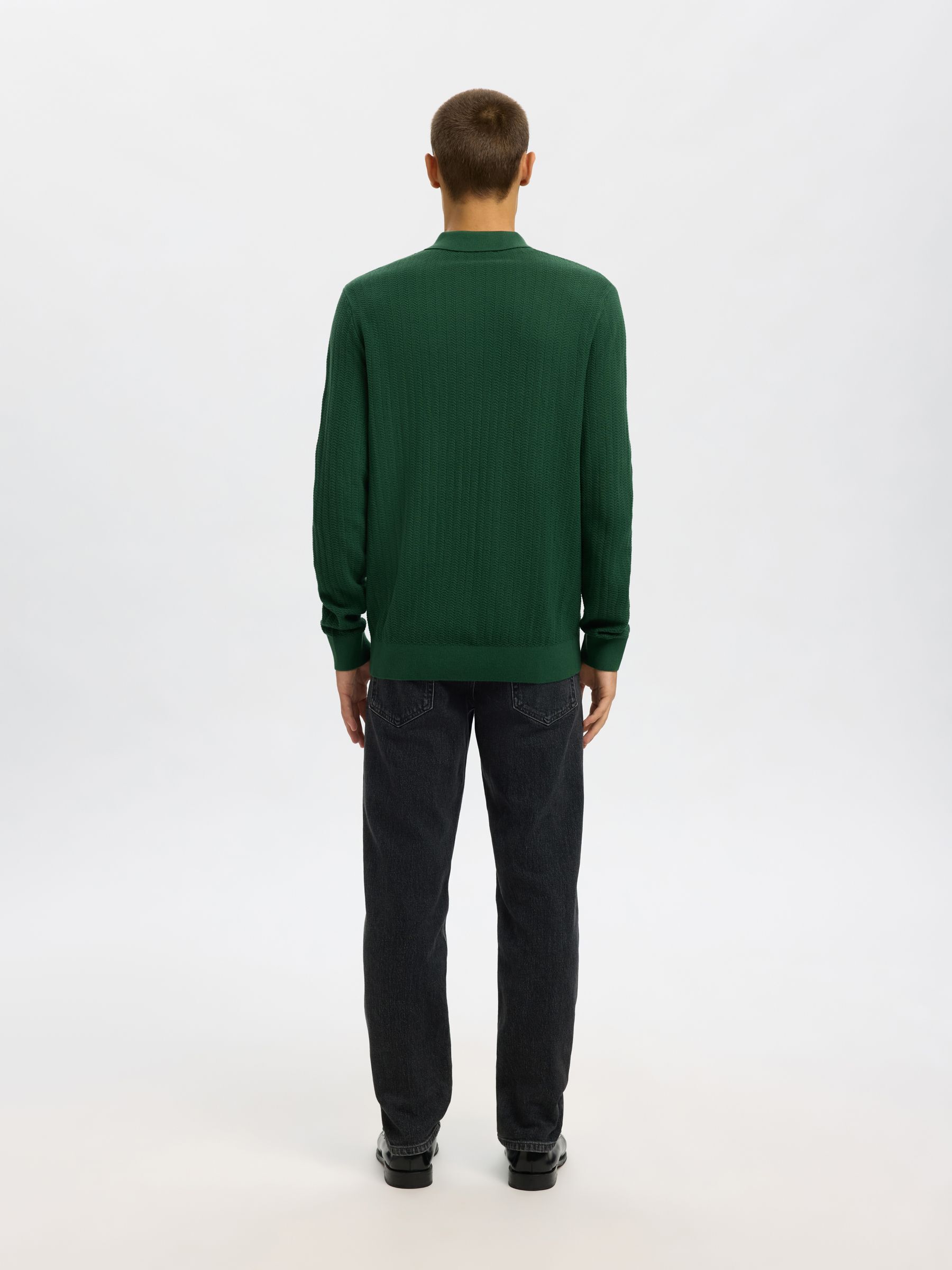 100% COTTON LONG-SLEEVED POLO, Dark Green, highres