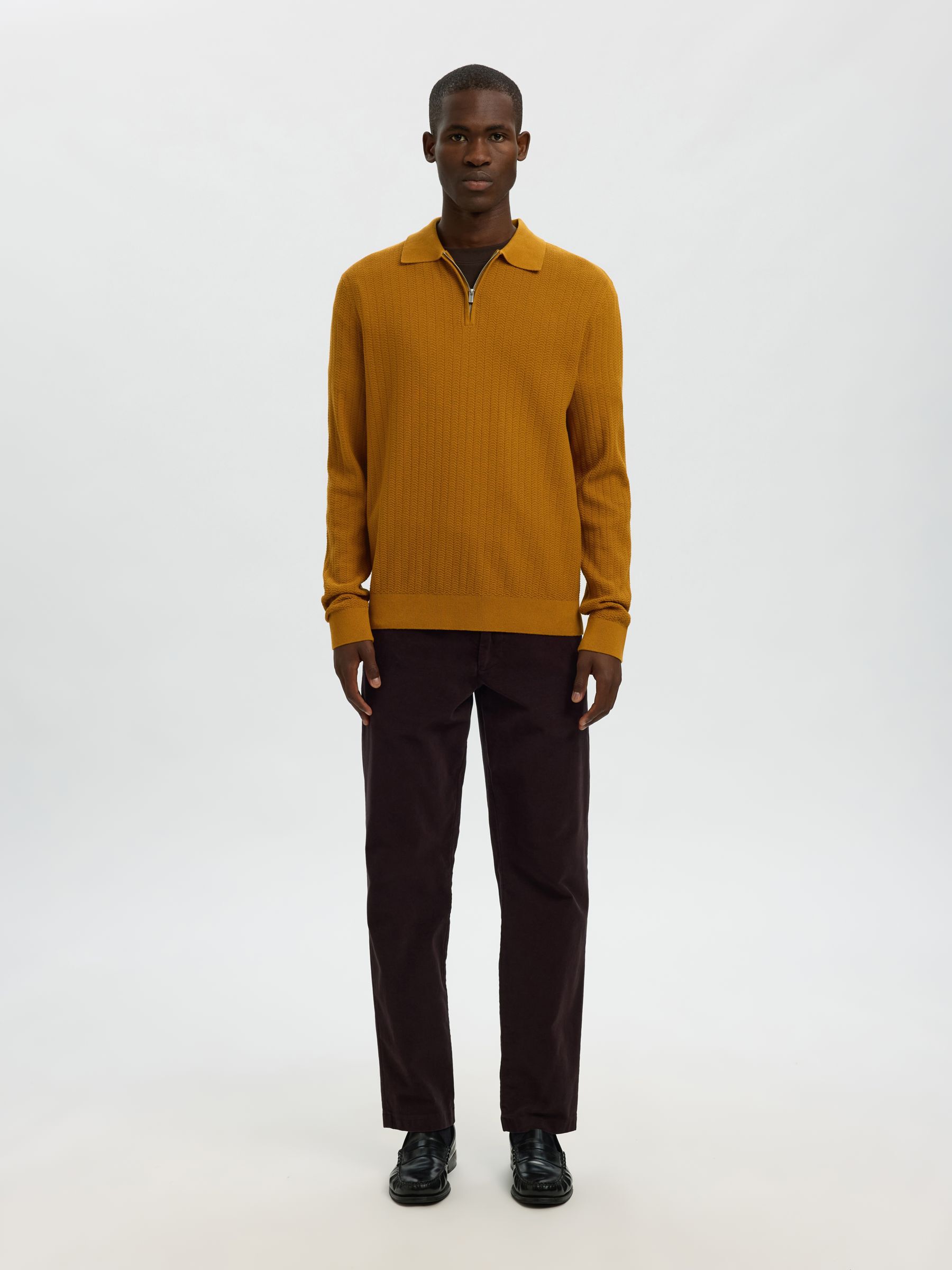 100% COTTON LONG-SLEEVED POLO, Golden Brown, highres